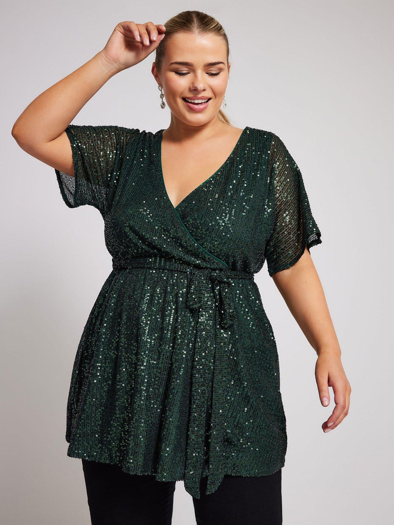 Yours Curve Sequin Wrap Top - Green