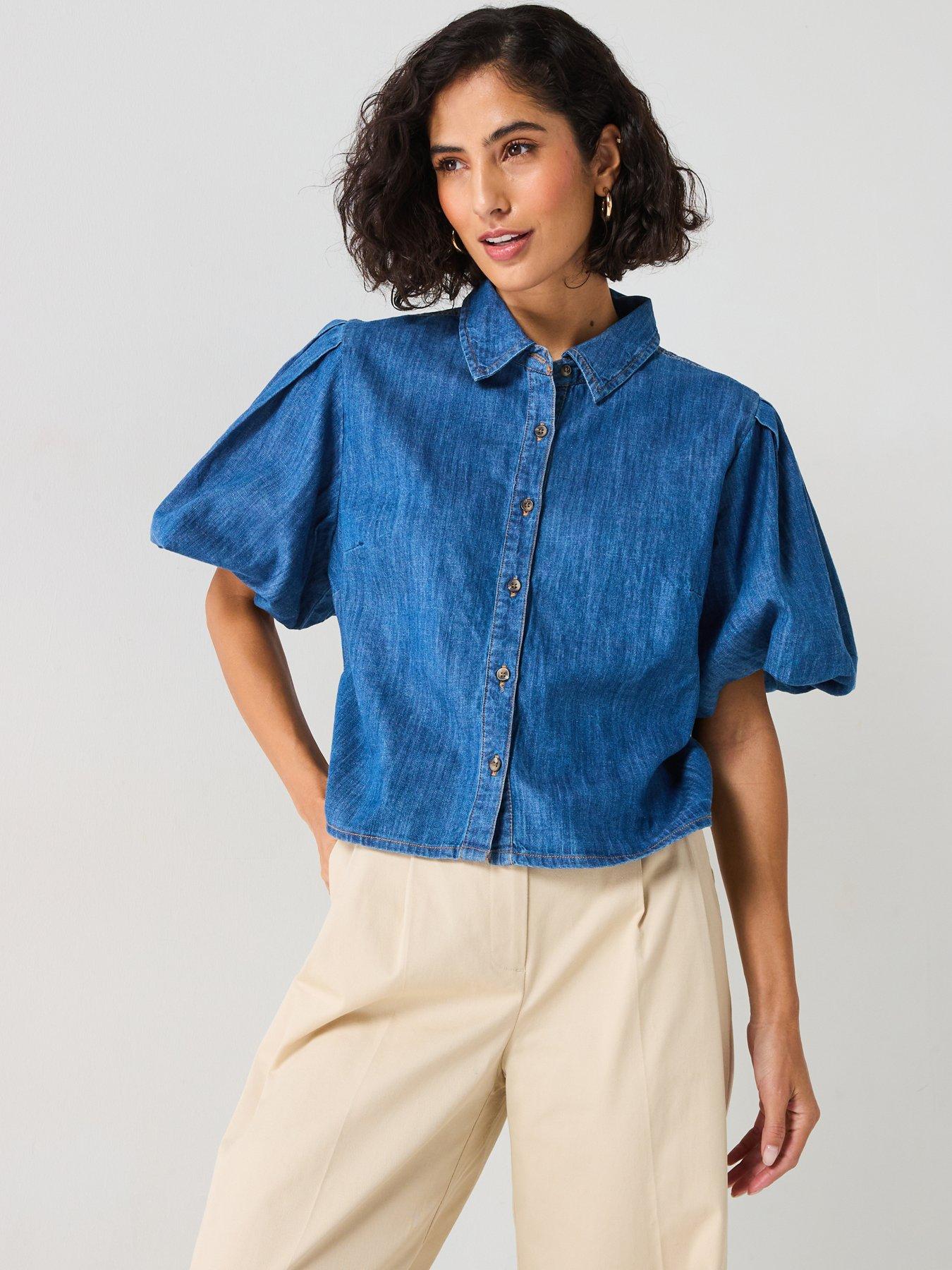 undefined Bubble Sleeve Denim Shirt - Mid Wash