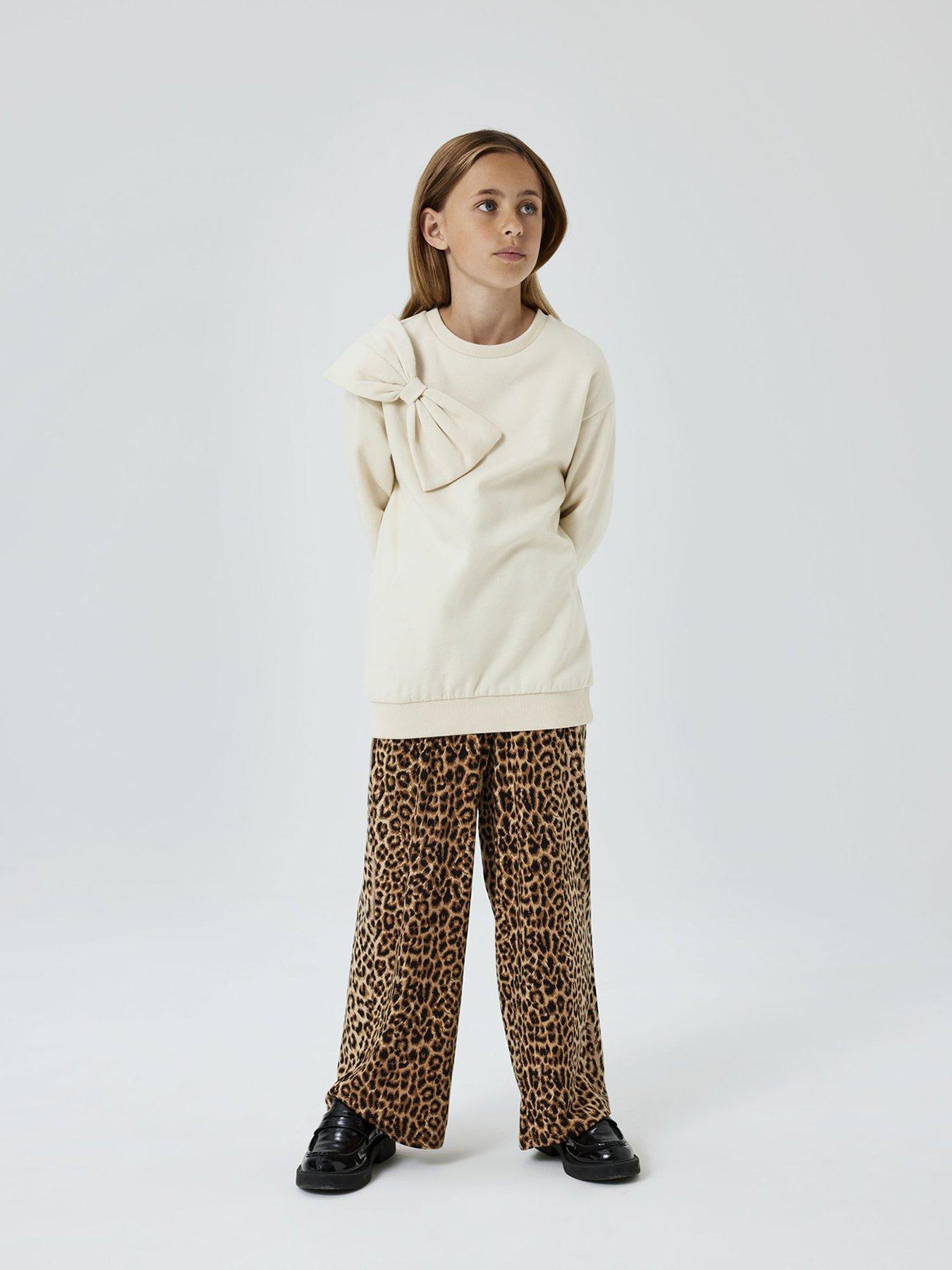 undefined Girls Leopard Print Wide Leg Trousers - Black