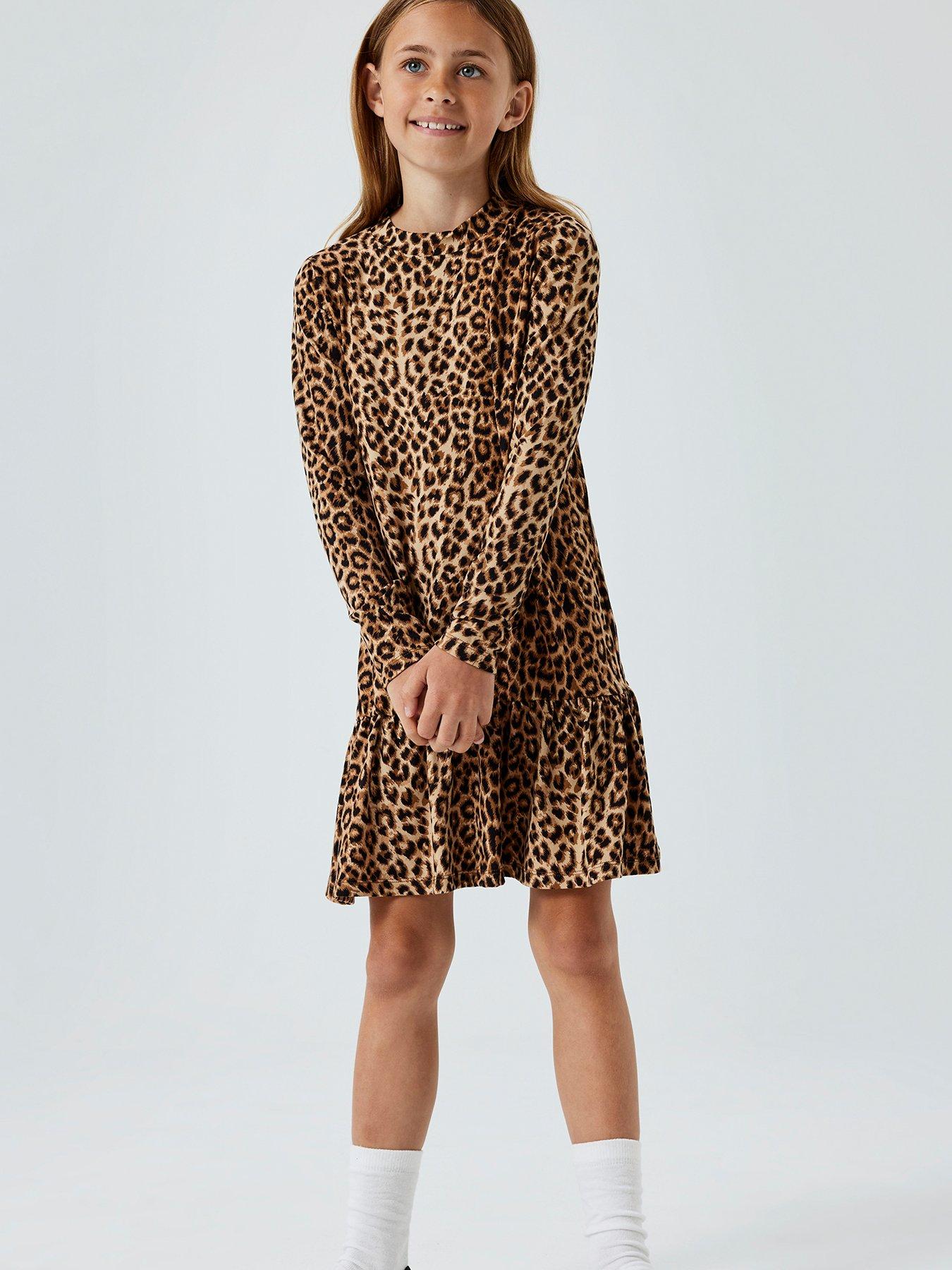 undefined Girls Drop Waist Leopard Print Dress - Black