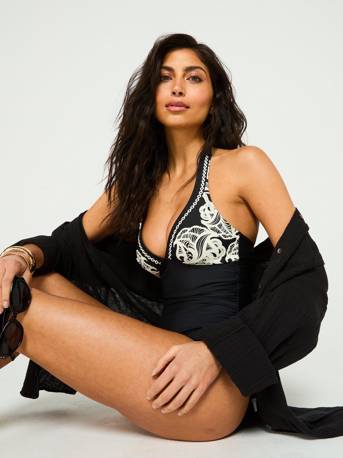 Image 6 of 6 of V by Very Puff Printed Halter Swimsuit - Black/White