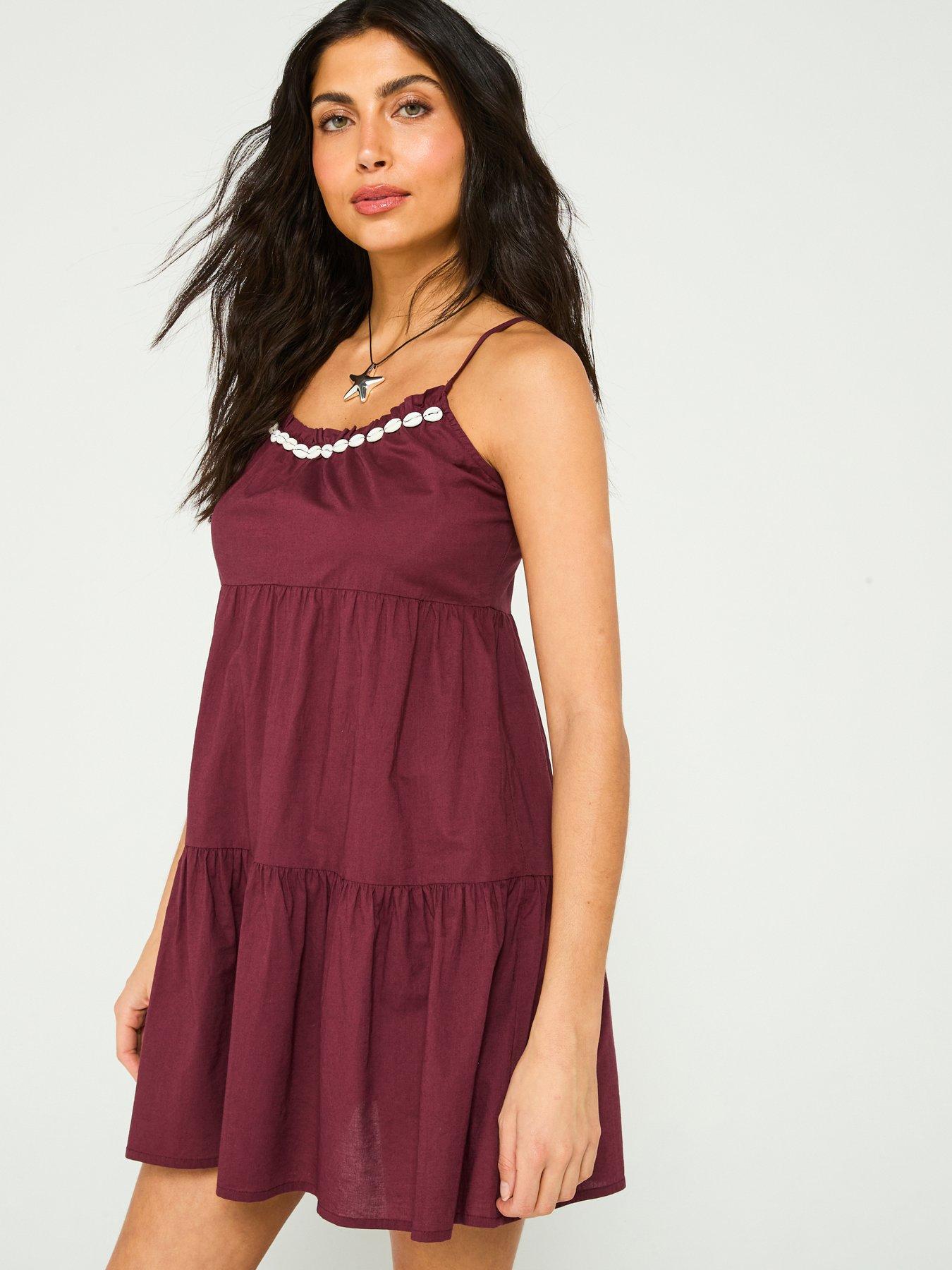 undefined Shell Trim Tiered Beach Mini Dress - Dark Red