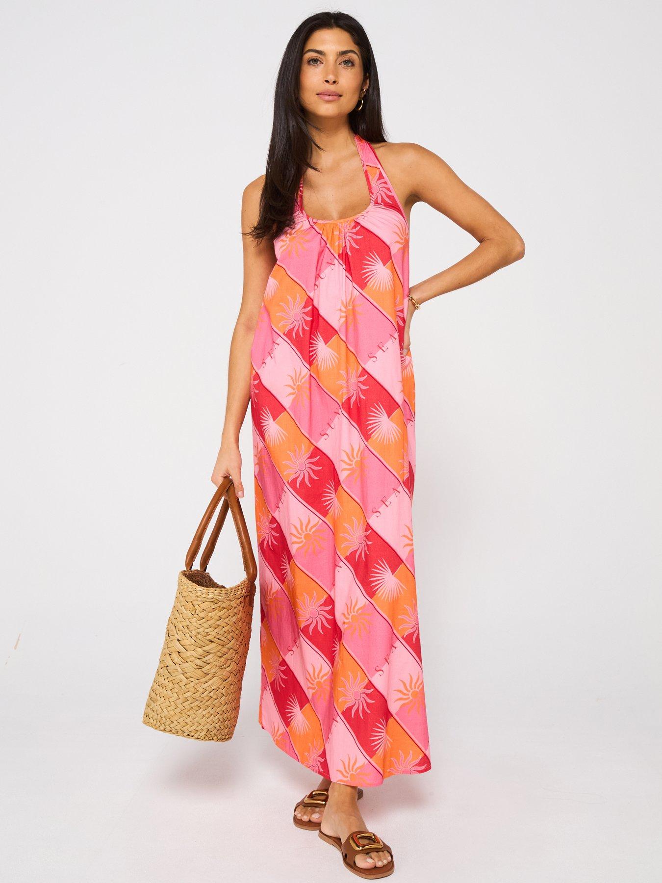 undefined Halter Bow Back Printed Midi Dress