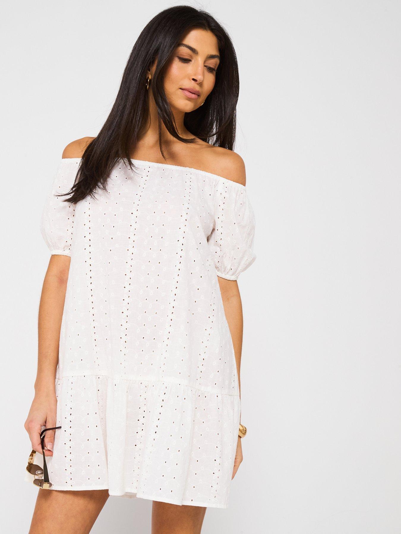 undefined Broderie Bardot Mini Beach Dress