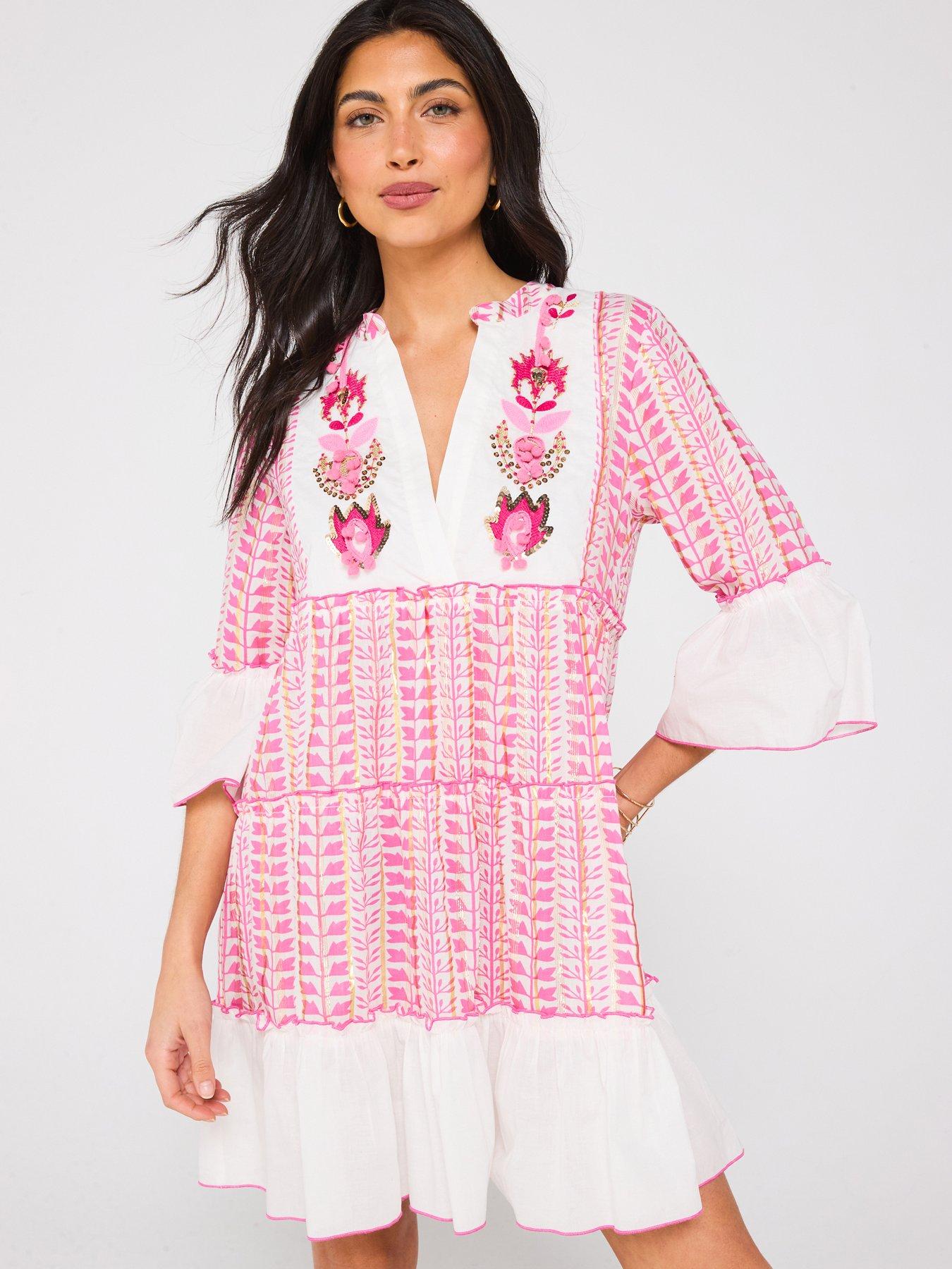 undefined Embroidered Detail Printed Smock Beach Dress