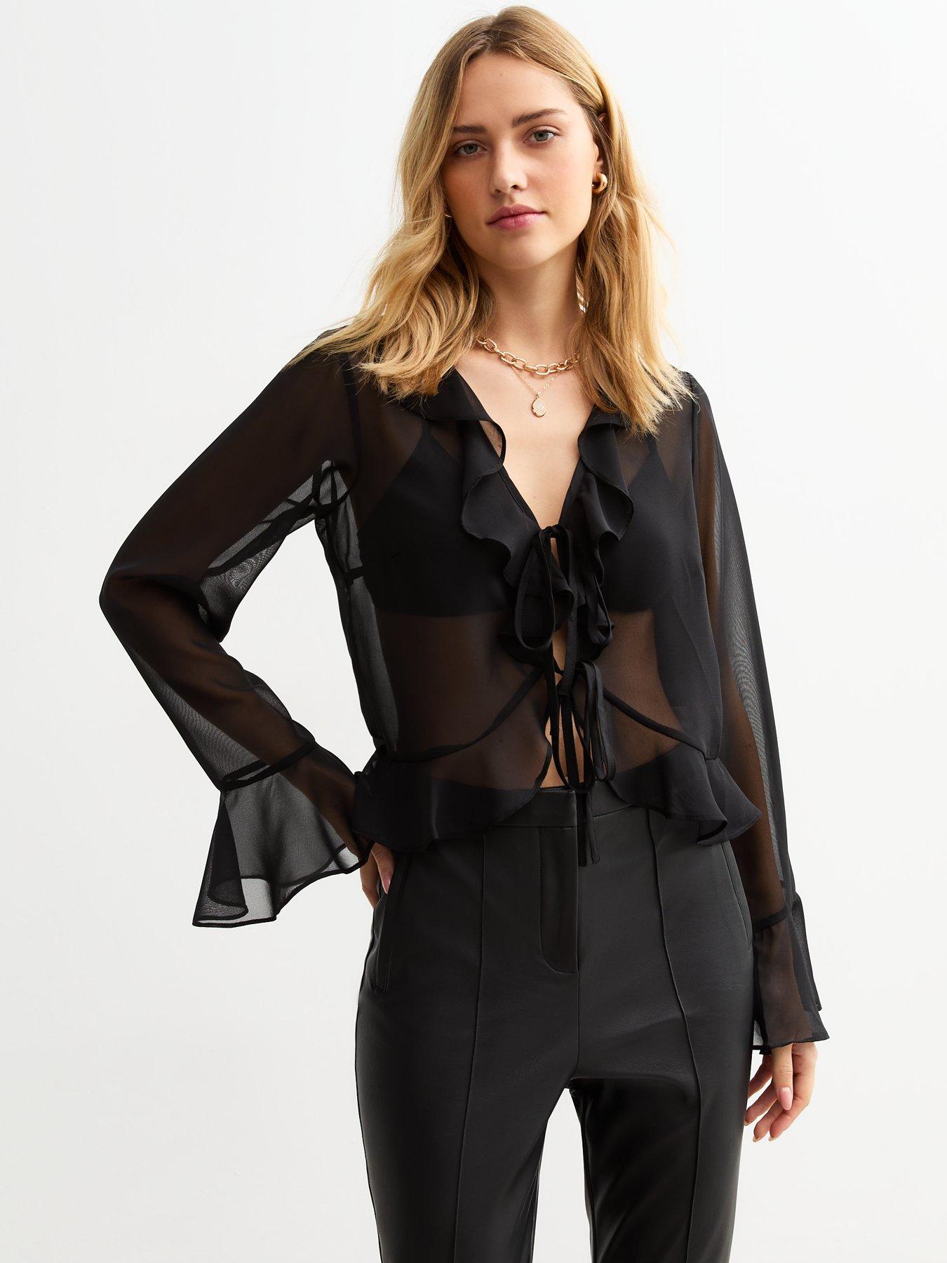 undefined Ruffle Trim Tie Up Sheer Chiffon Blouse - Black
