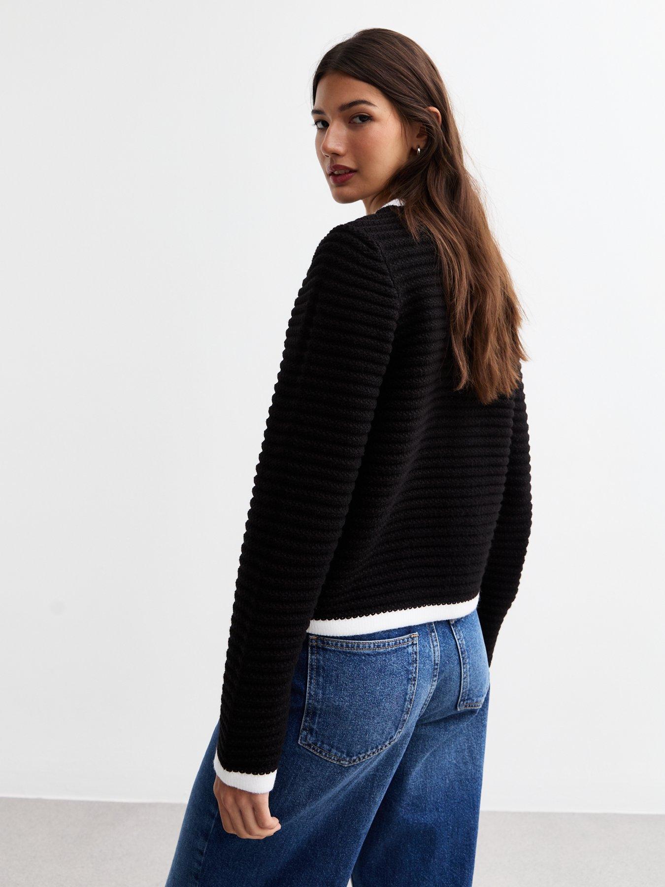 Image 2 of 4 of New Look Chunky Ribbed Knit Pocket Cardigan - Black