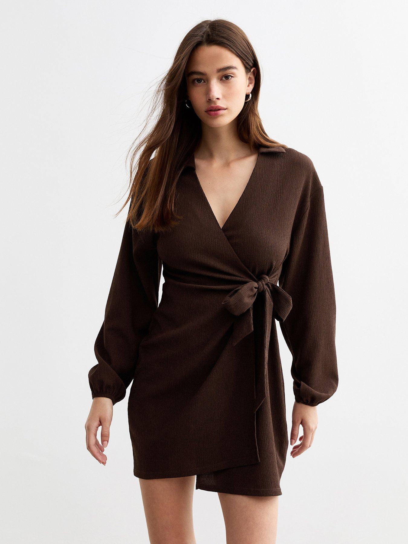 Collar Wrap Mini Dress Brown