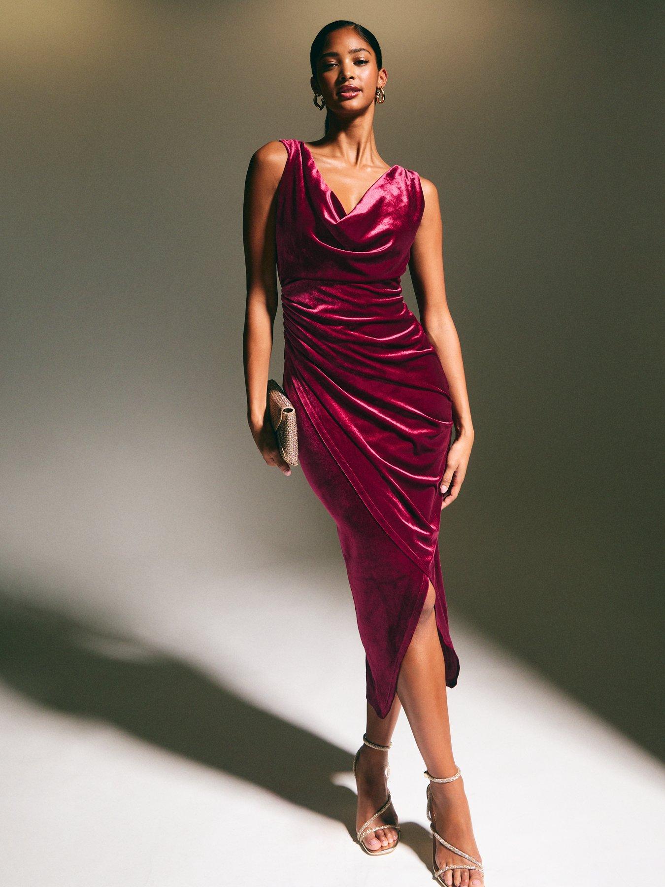 New Look Draped Velvet Cowl Neck Midi Dress Burgundy Very