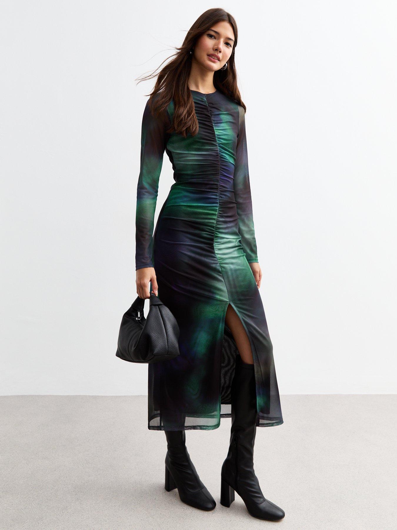 Black Tie Dye Ruched Mesh Midi Dress Print