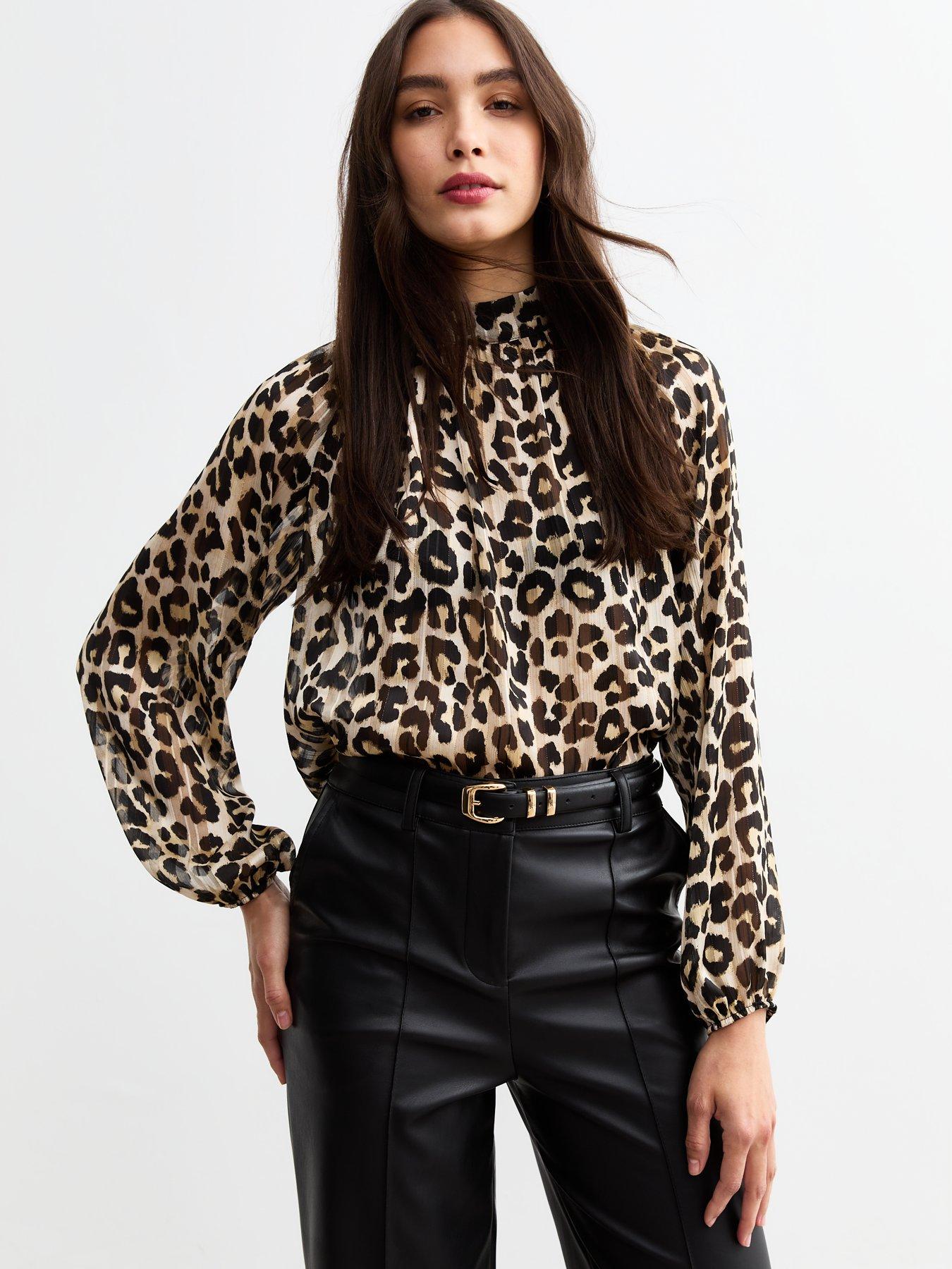 undefined Brown Leopard Print High Neck Chiffon Top