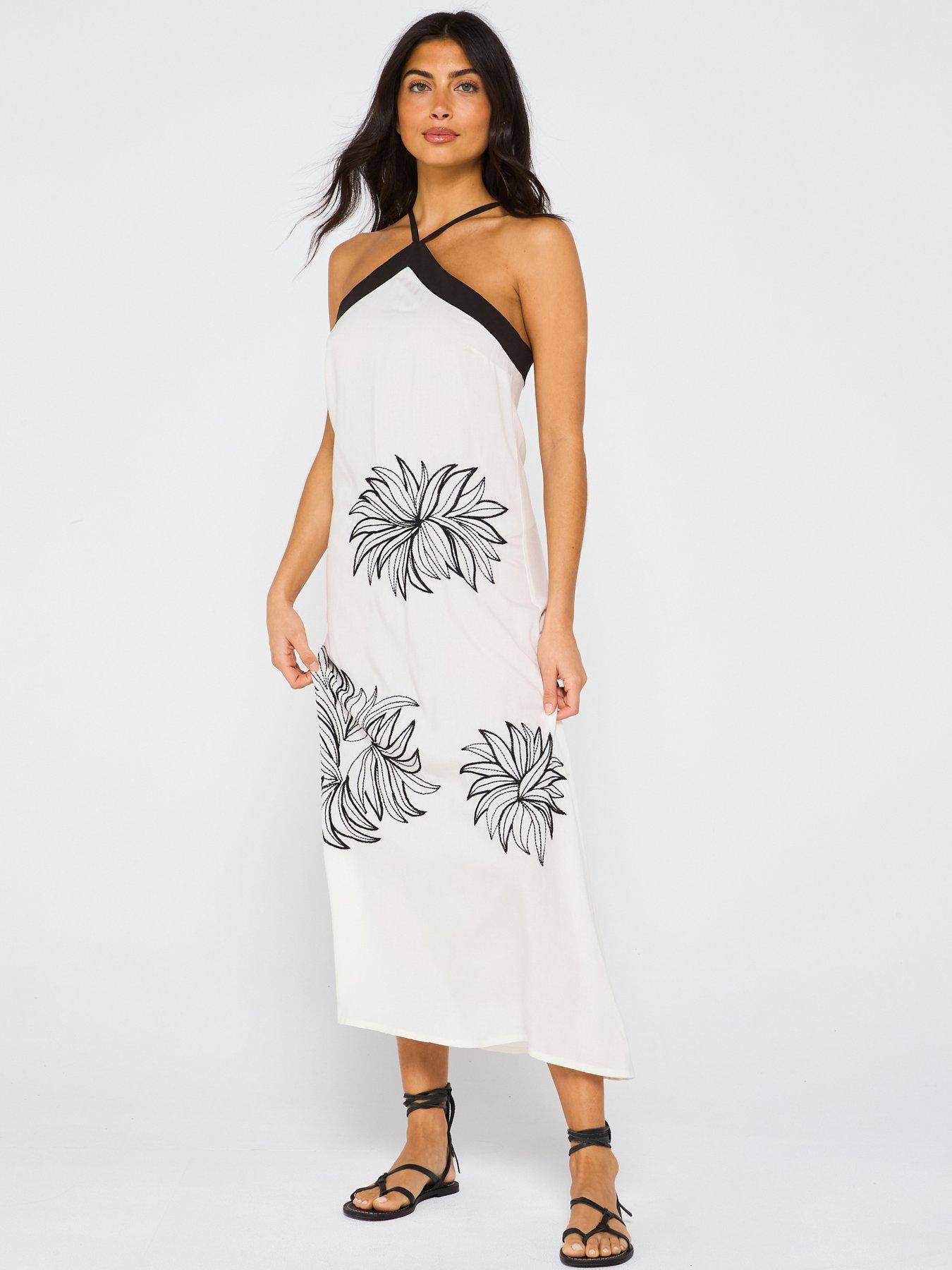 undefined Palm Embroidered Halter Midi Dress - Cream