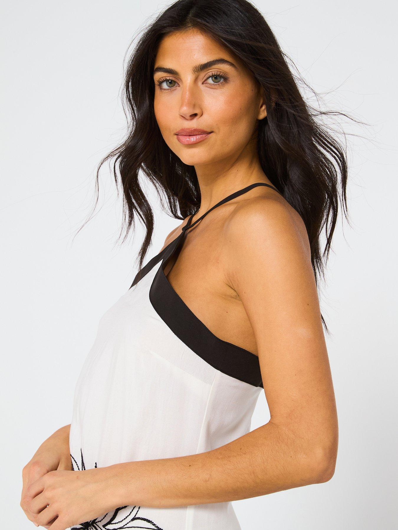 Image 4 of 6 of V by Very Palm Embroidered Halter Midi Dress - Cream