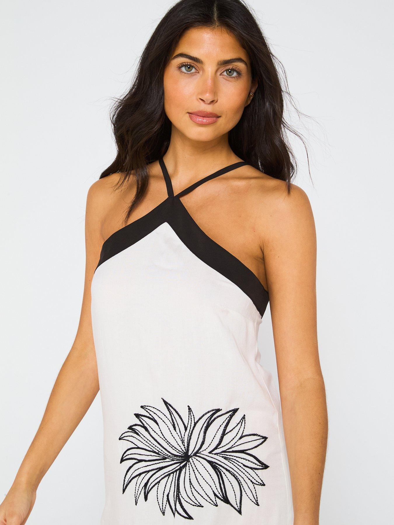 Image 5 of 6 of V by Very Palm Embroidered Halter Midi Dress - Cream