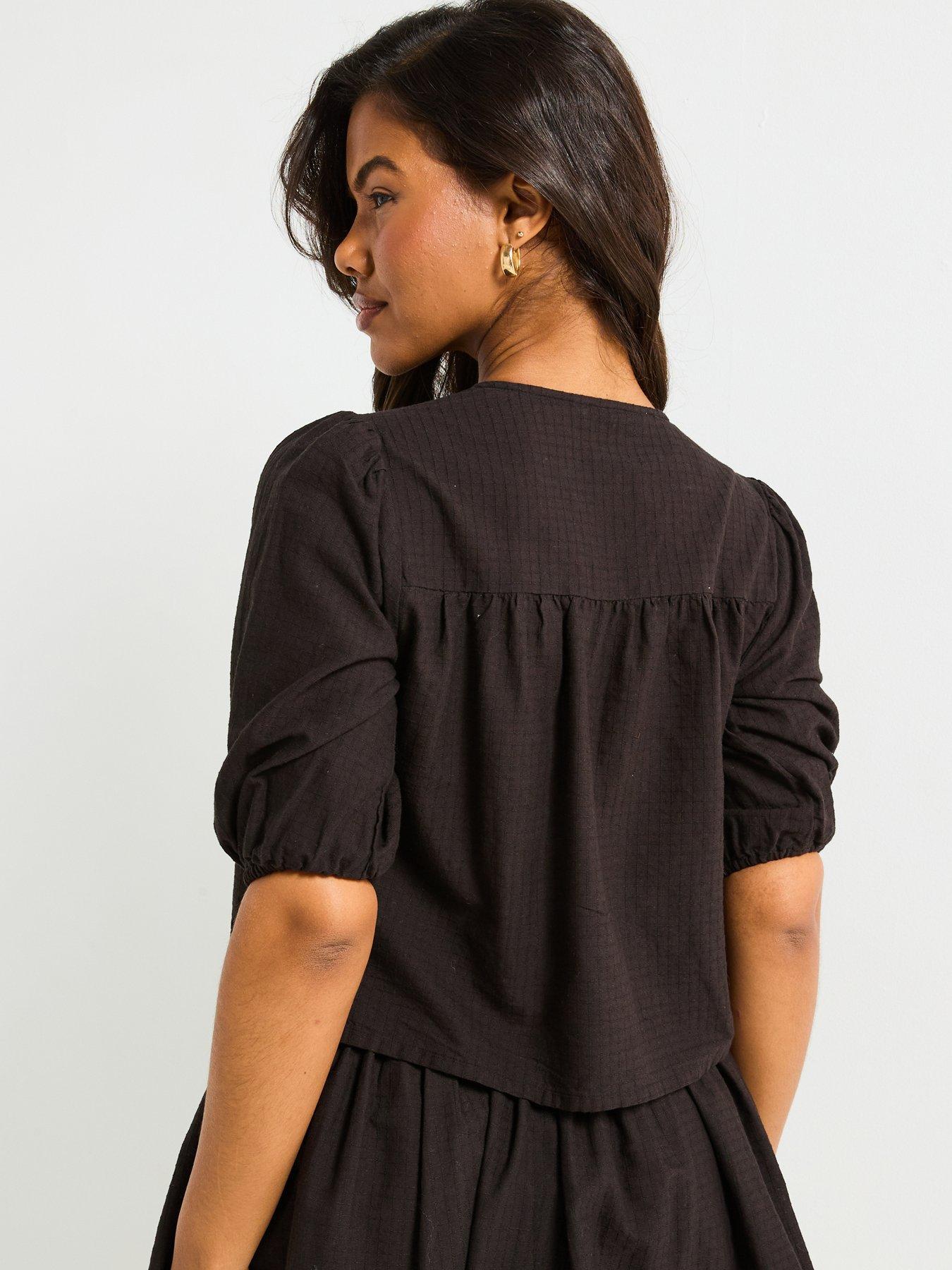 Image 2 of 5 of V by Very Broderie Hem Tie Front Co Ord Top - Black