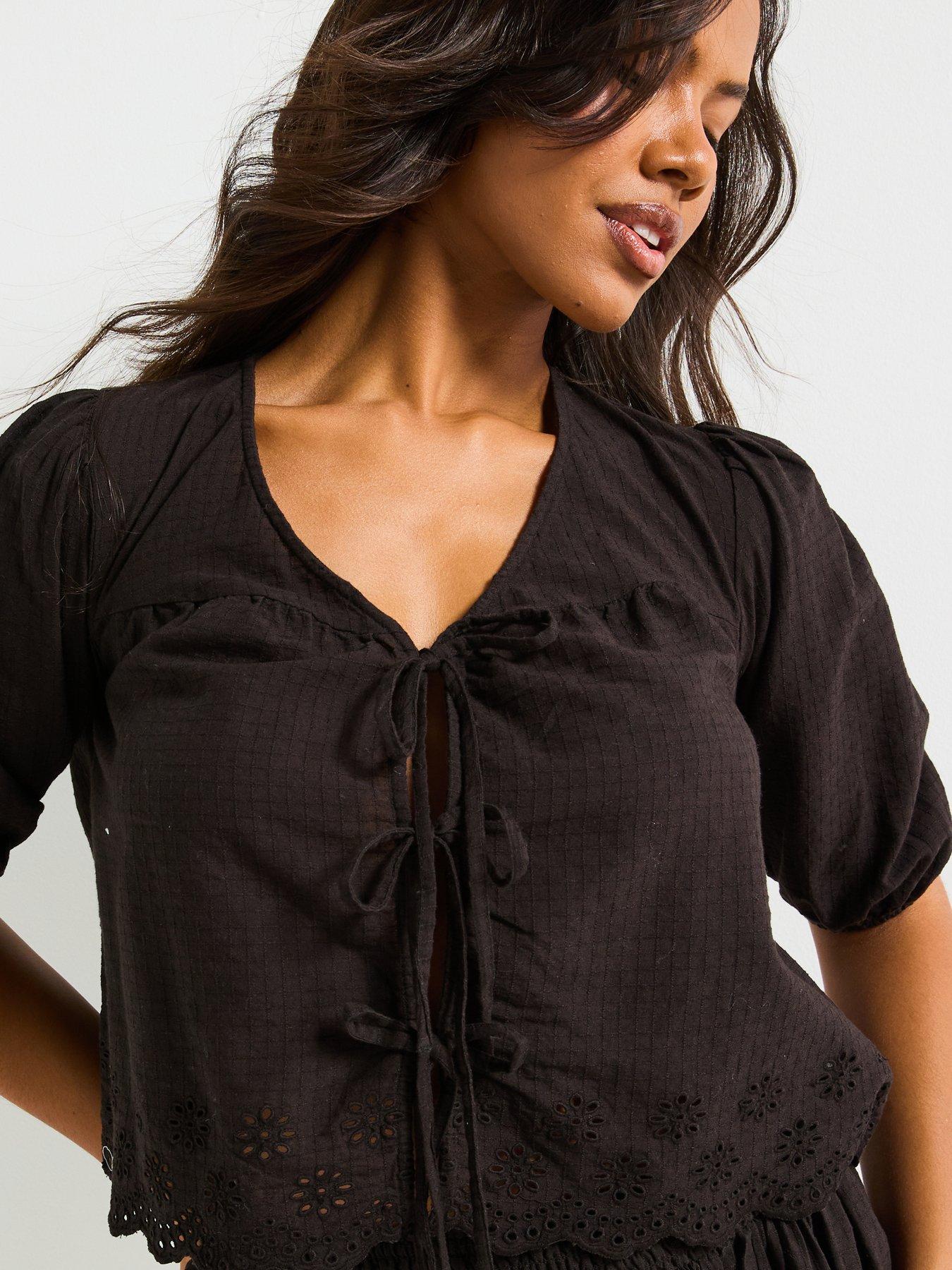 Image 4 of 5 of V by Very Broderie Hem Tie Front Co Ord Top - Black