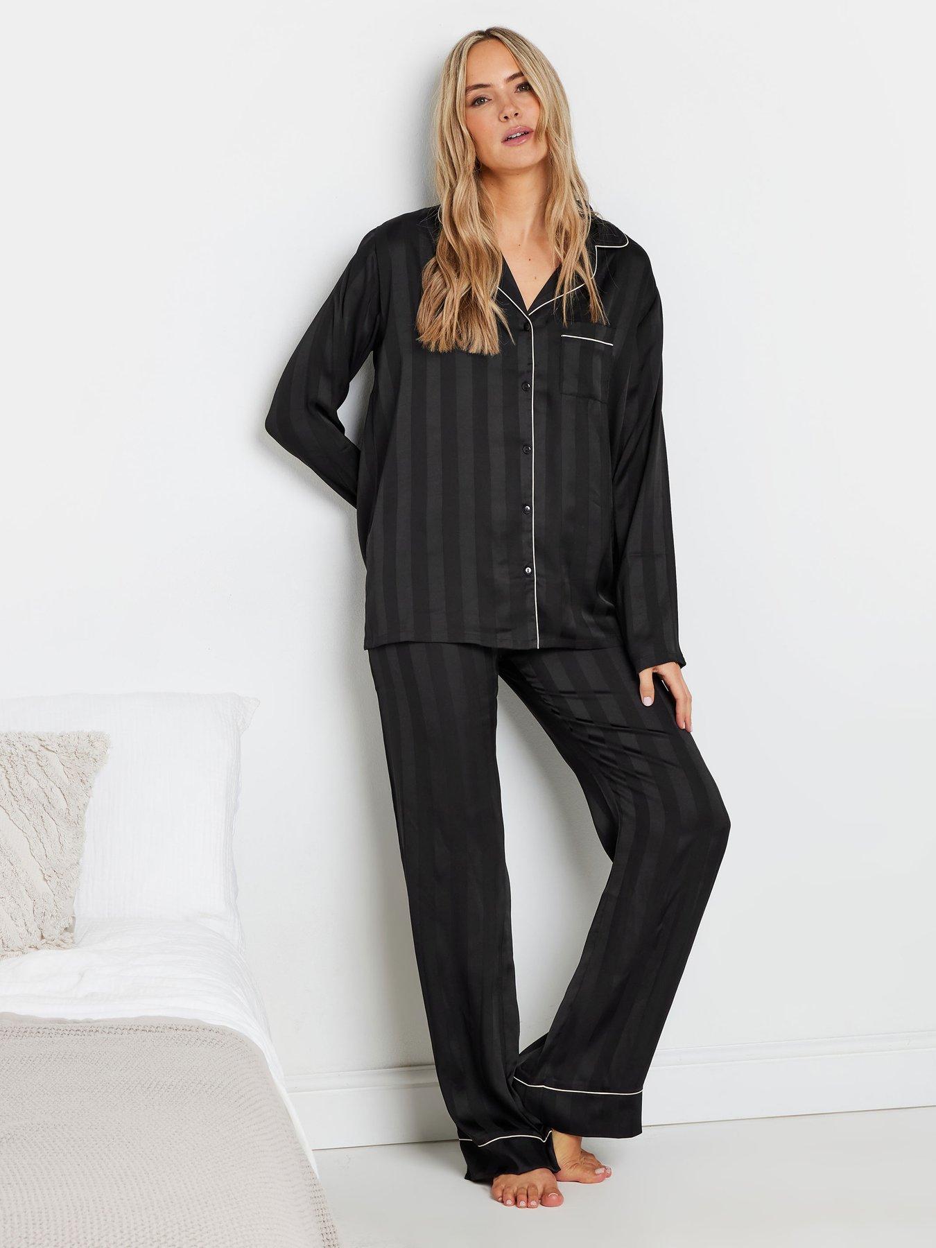 Image 1 of 4 of Long Tall Sally Jacquard Stripe Satin Pyjama Set - Black