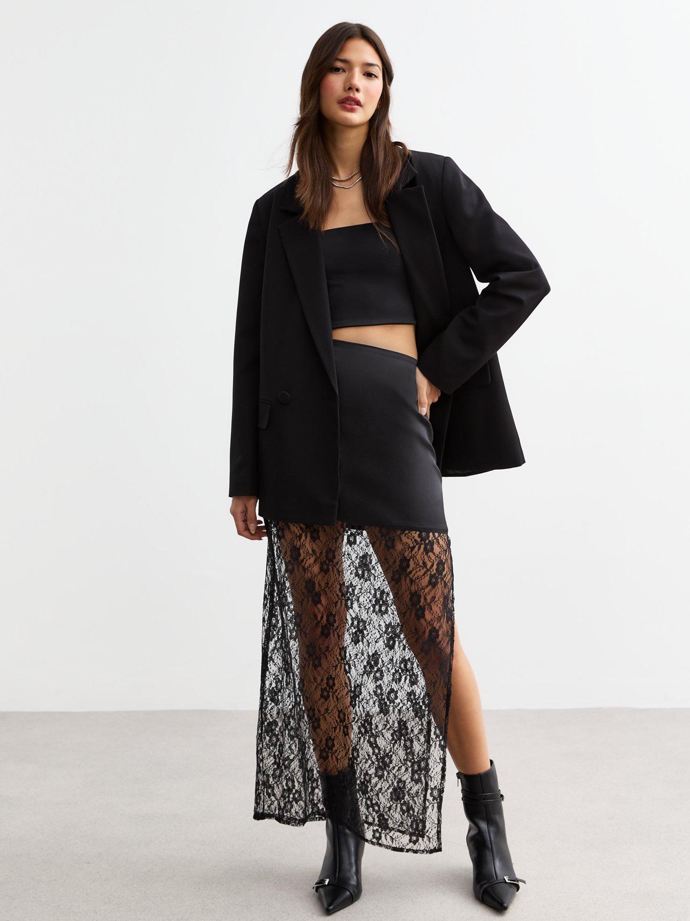 undefined Lace Trimmed Satin Midi Skirt - Black