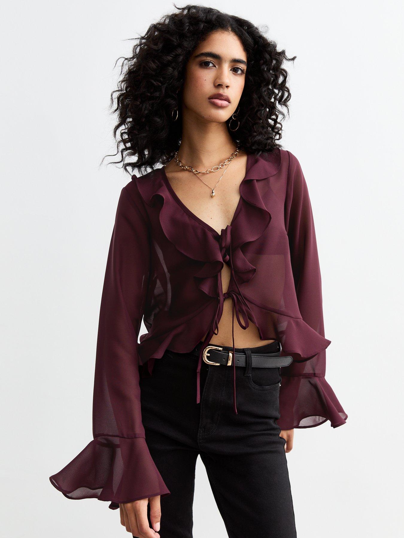 undefined Ruffle Trim Tie Up Sheer Chiffon Blouse - Burgundy
