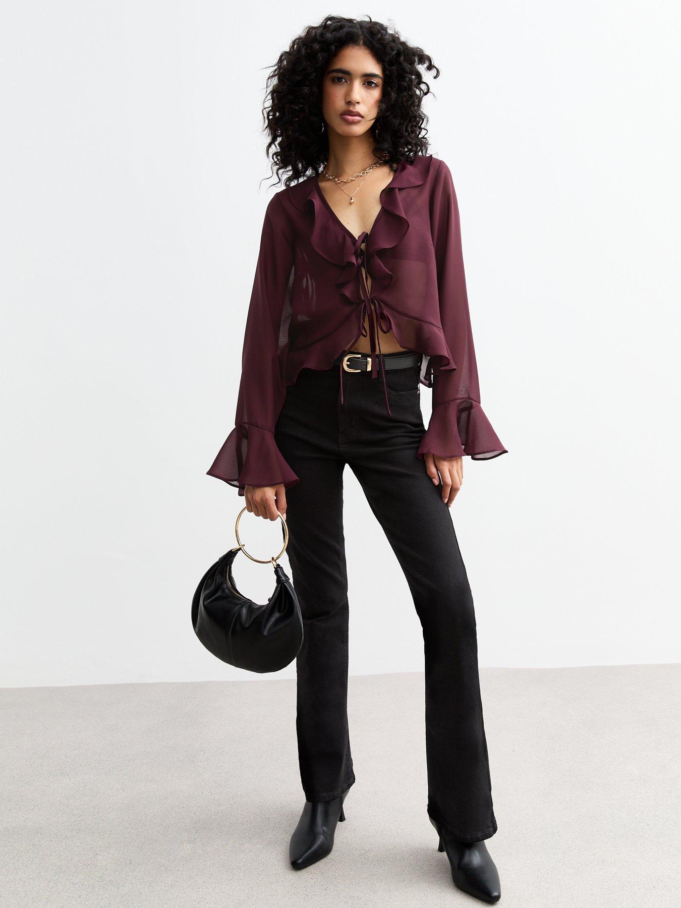 New Look Ruffle Trim Tie Up Sheer Chiffon Blouse Burgundy Very