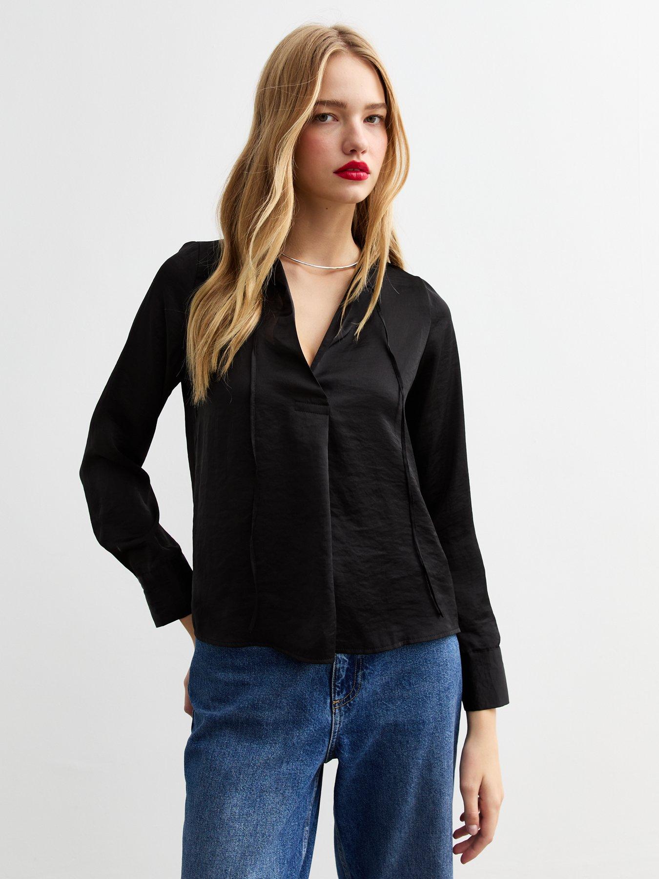 undefined Tie Neck Satin Top - Black
