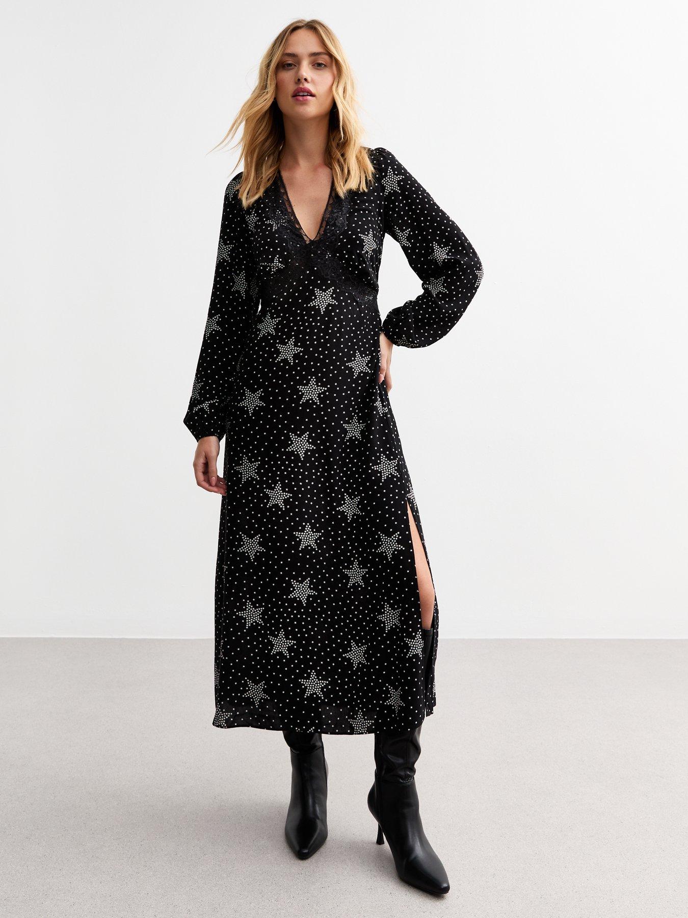 Black Star Print Lace Trim Midi Dress