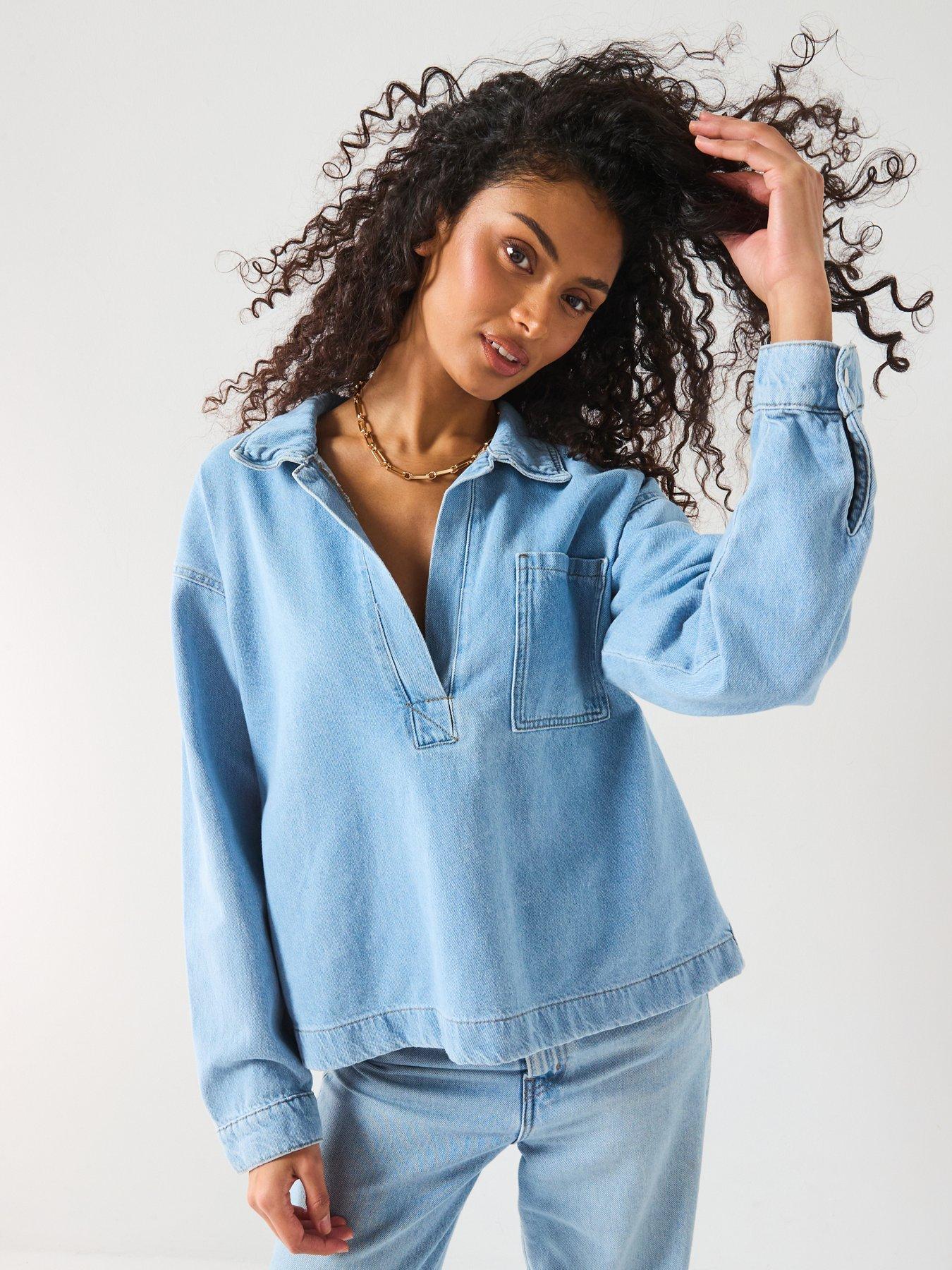 undefined Birdie Long Sleeve Polo Denim Shirt - Blue