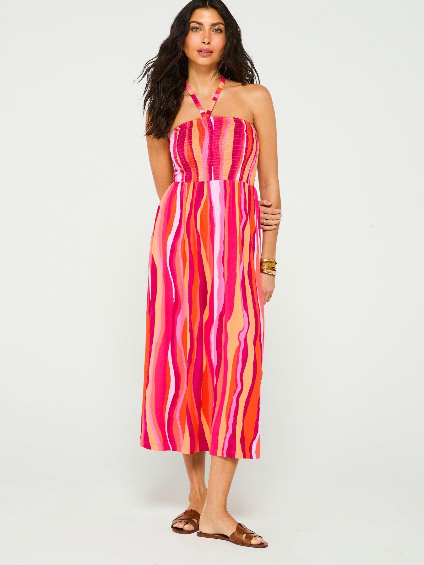 Image 1 of 5 of V by Very Halter Shirred Bandeau Midaxi Dress - Print