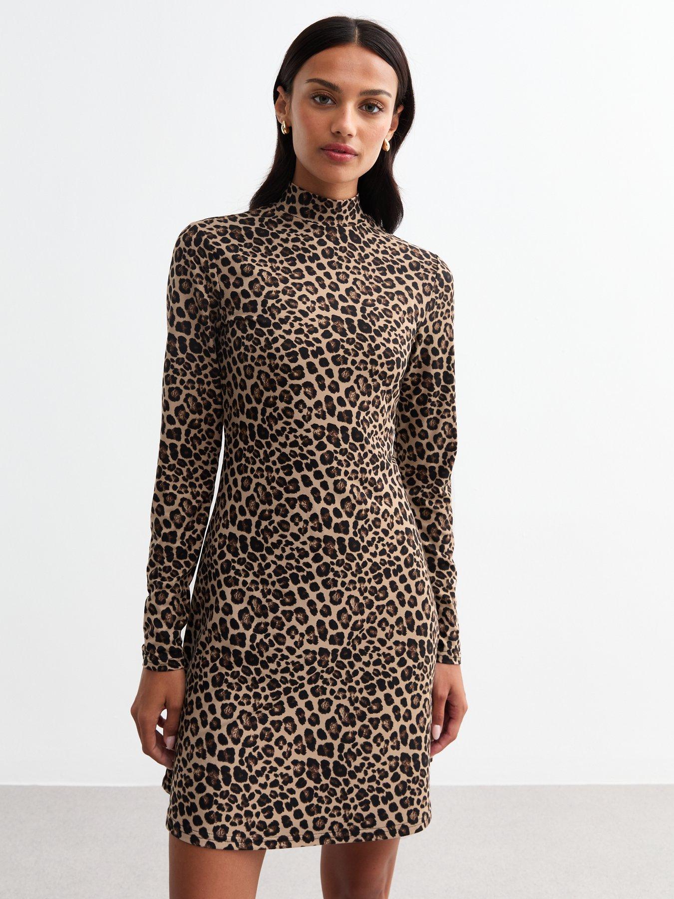 New Look Brown Leopard Print Button Front Tiered Long Sleeve Mini Dress Very
