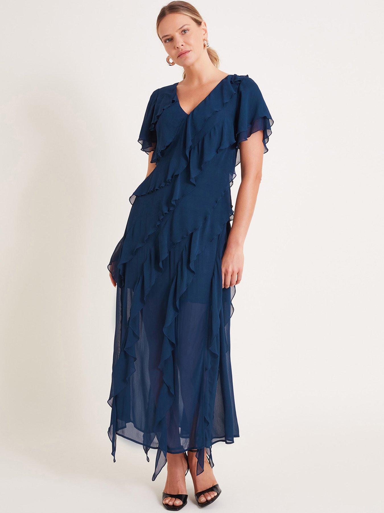 Image 1 of 5 of Monsoon Renata Ruffle Maxi Dress Blue - Navy