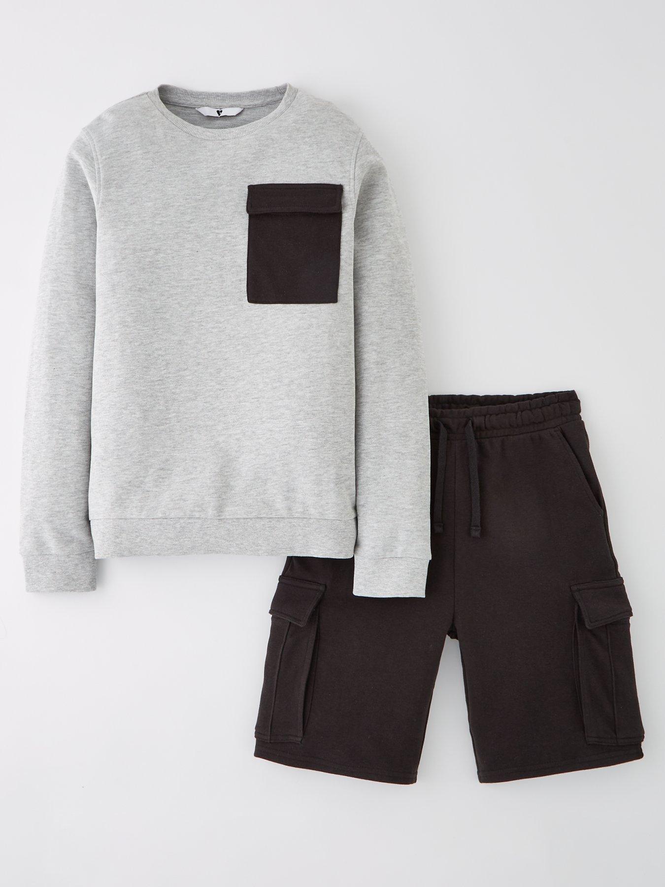 undefined Boys Sweat Top And Short Set - Grey Marl/Navy