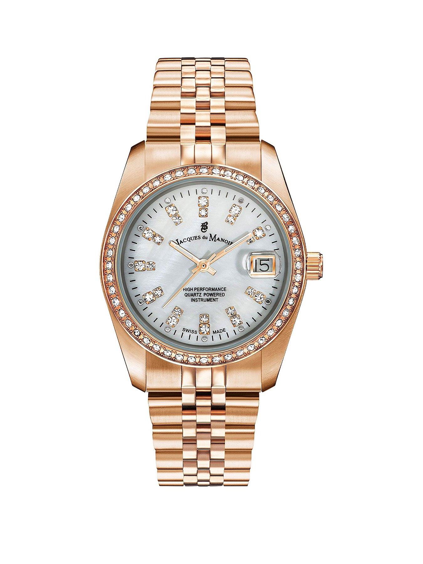 Product photograph of Jacques Du Manoir Swiss-made Ladies Inspiration Rose Gold Plated Bracelet Watch from very.co.uk