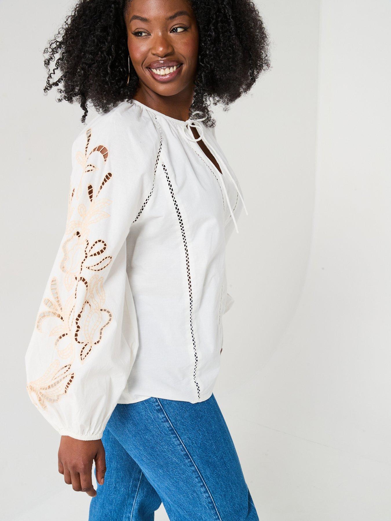 undefined Embroidered Sleeve Tie Neck Blouse - White
