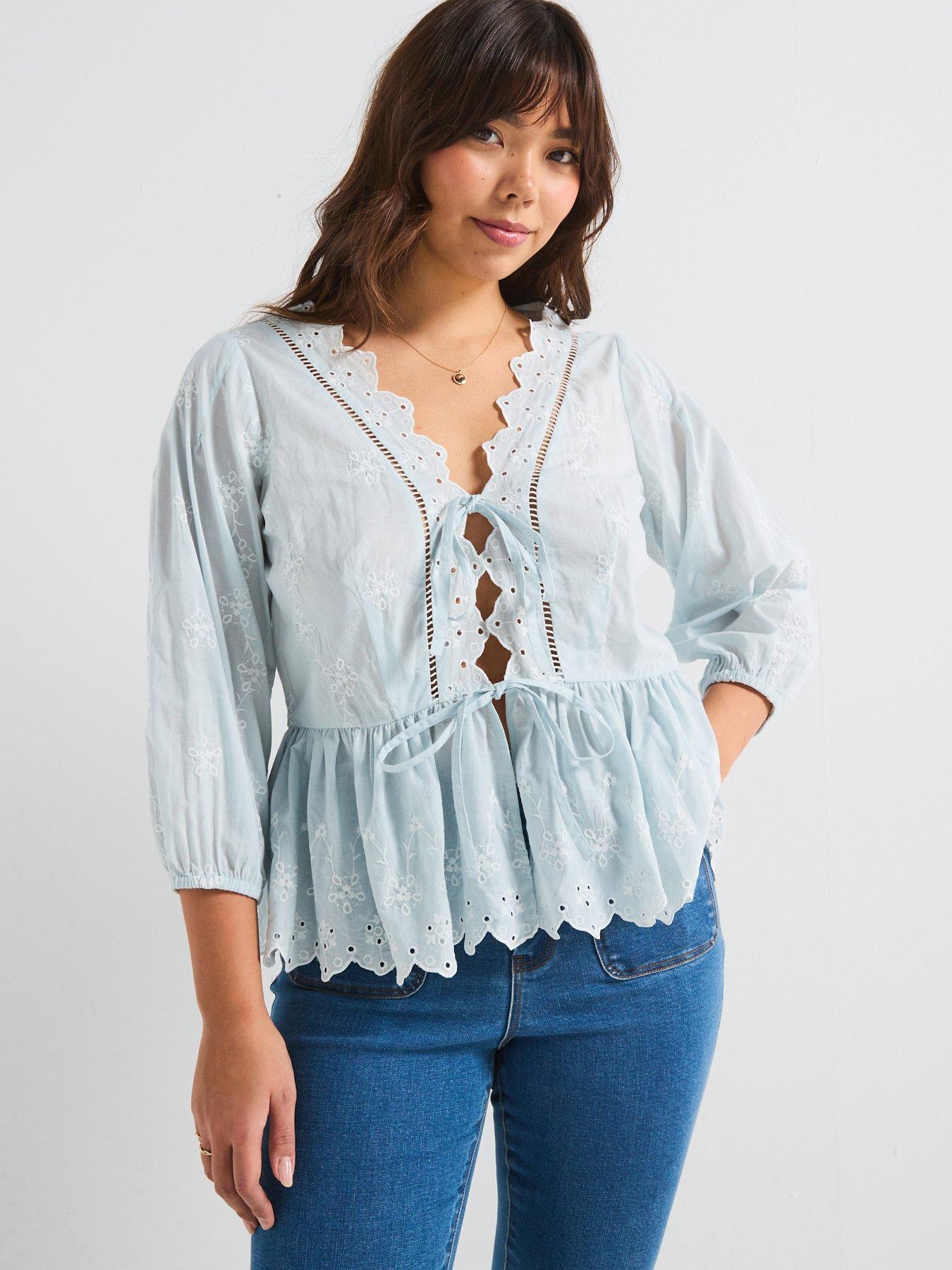 undefined Embroidered Tie Detail Blouse - Blue