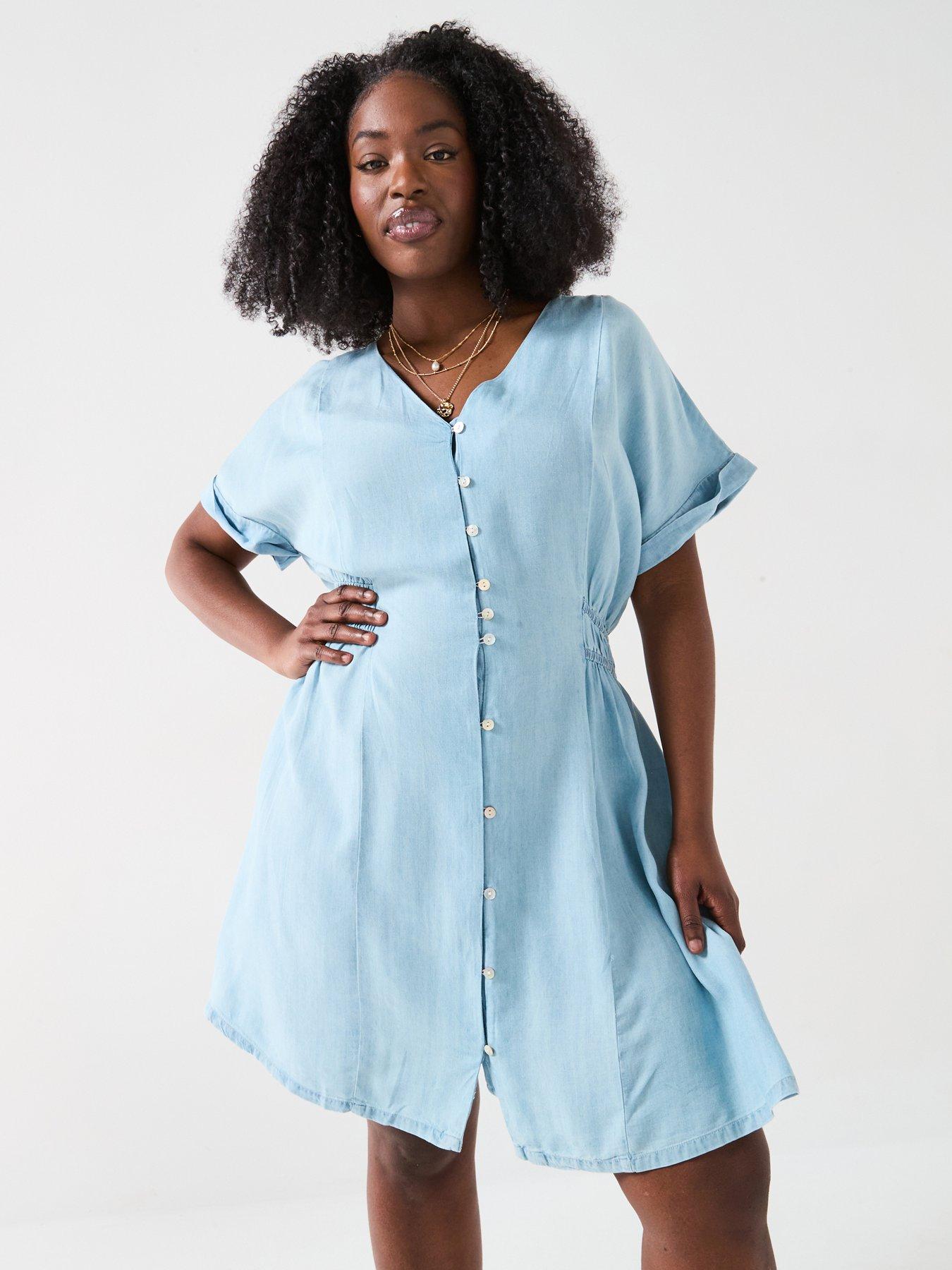 undefined Waist Detail Soft Denim Mini Dress - Blue