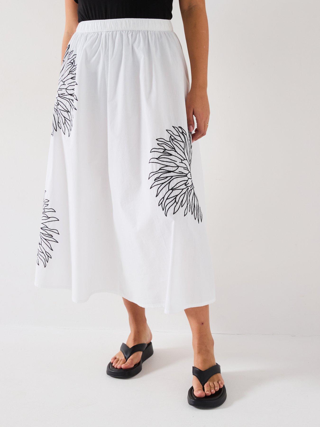 undefined Large Floral Embroidered Cotton Full Skirt - White