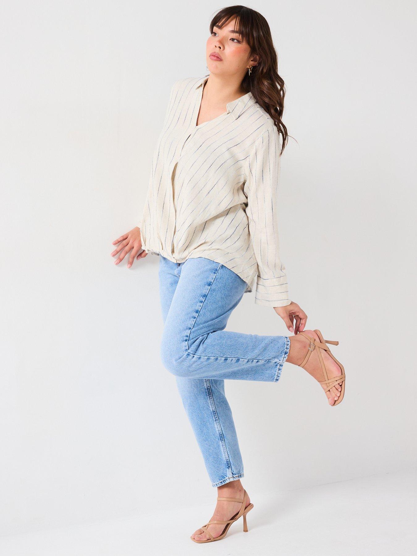 Image 3 of 6 of V by Very Curve Stripe Linen Mix Wrap Blouse - Beige