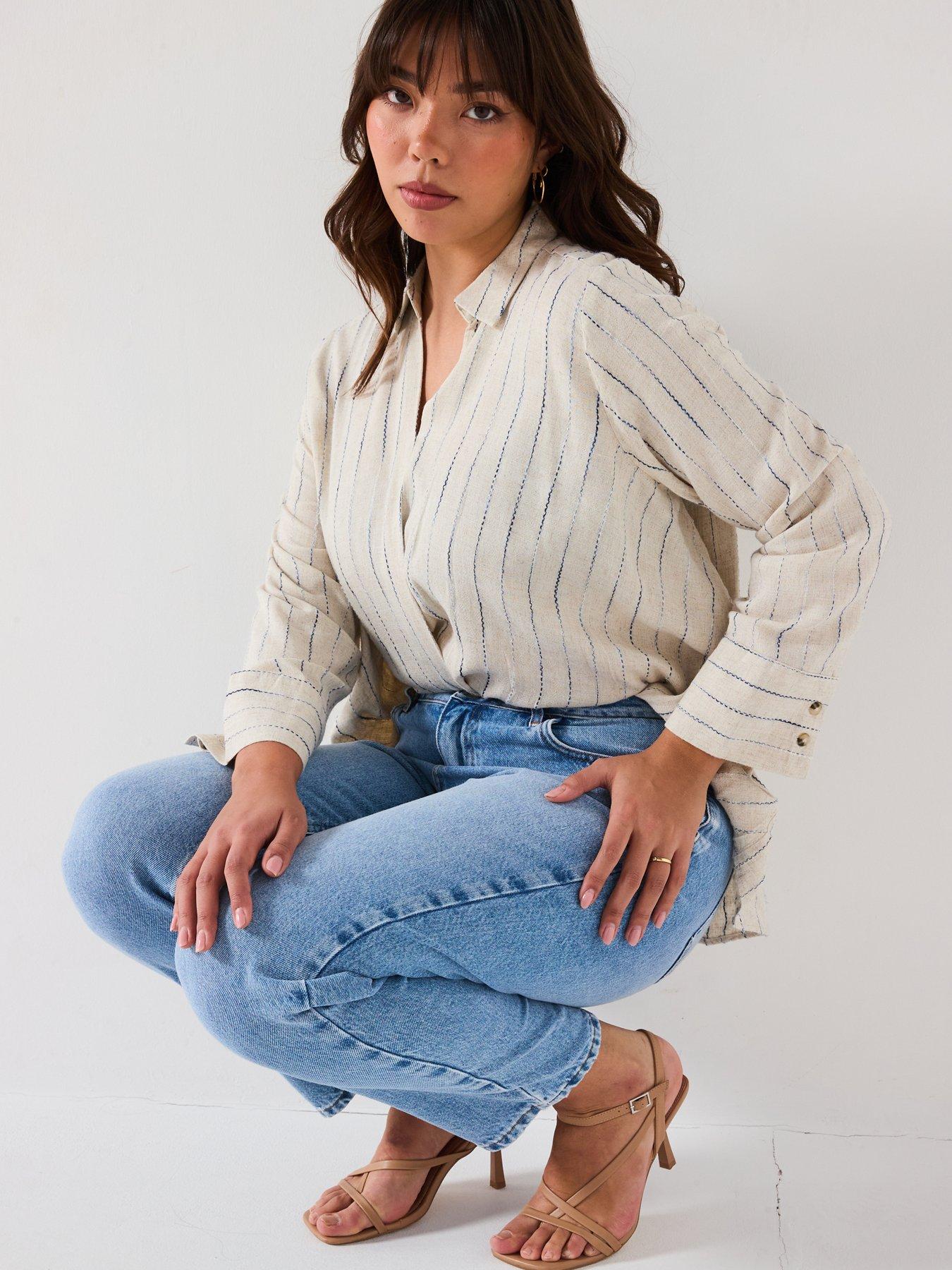 Image 4 of 6 of V by Very Curve Stripe Linen Mix Wrap Blouse - Beige