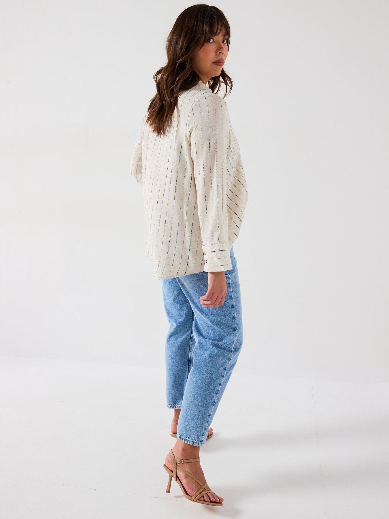 Image 5 of 6 of V by Very Curve Stripe Linen Mix Wrap Blouse - Beige