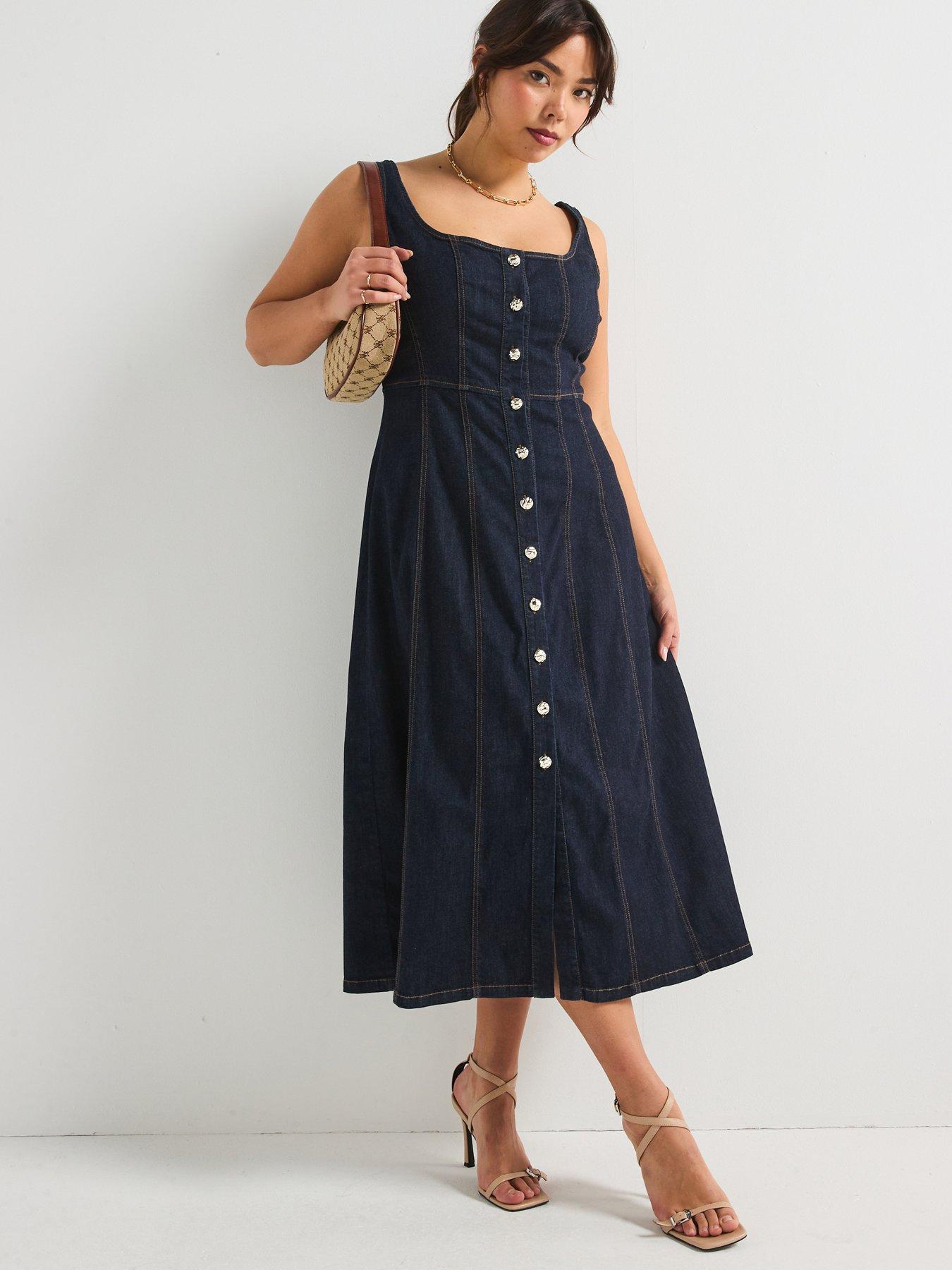 undefined Button Through Fit  &  Flare Denim Dress - Indigo