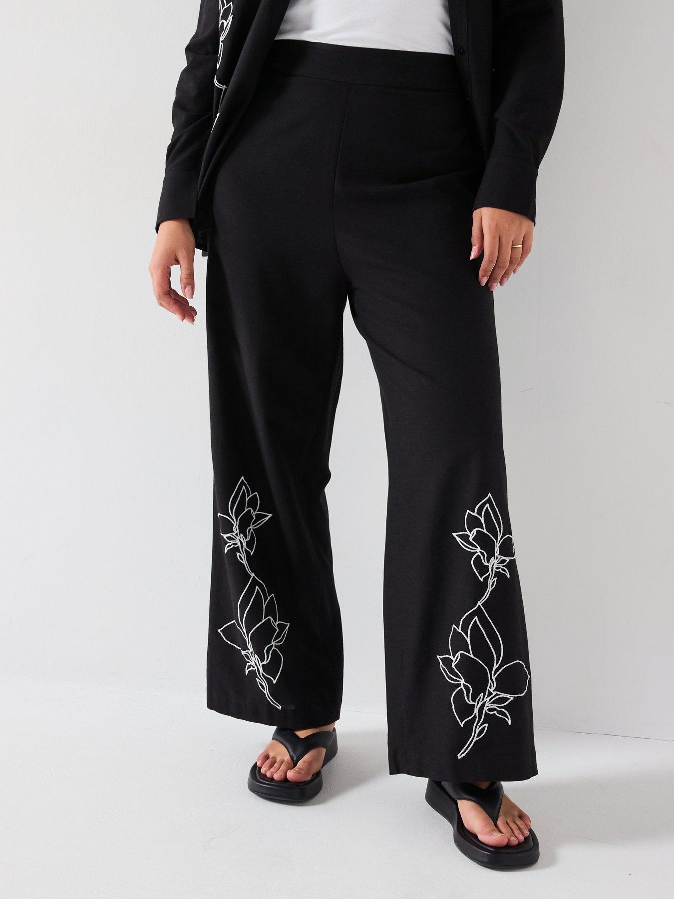 V by Very Curve Embroidered Floral Wide Leg Trouser Co-Ord - Black