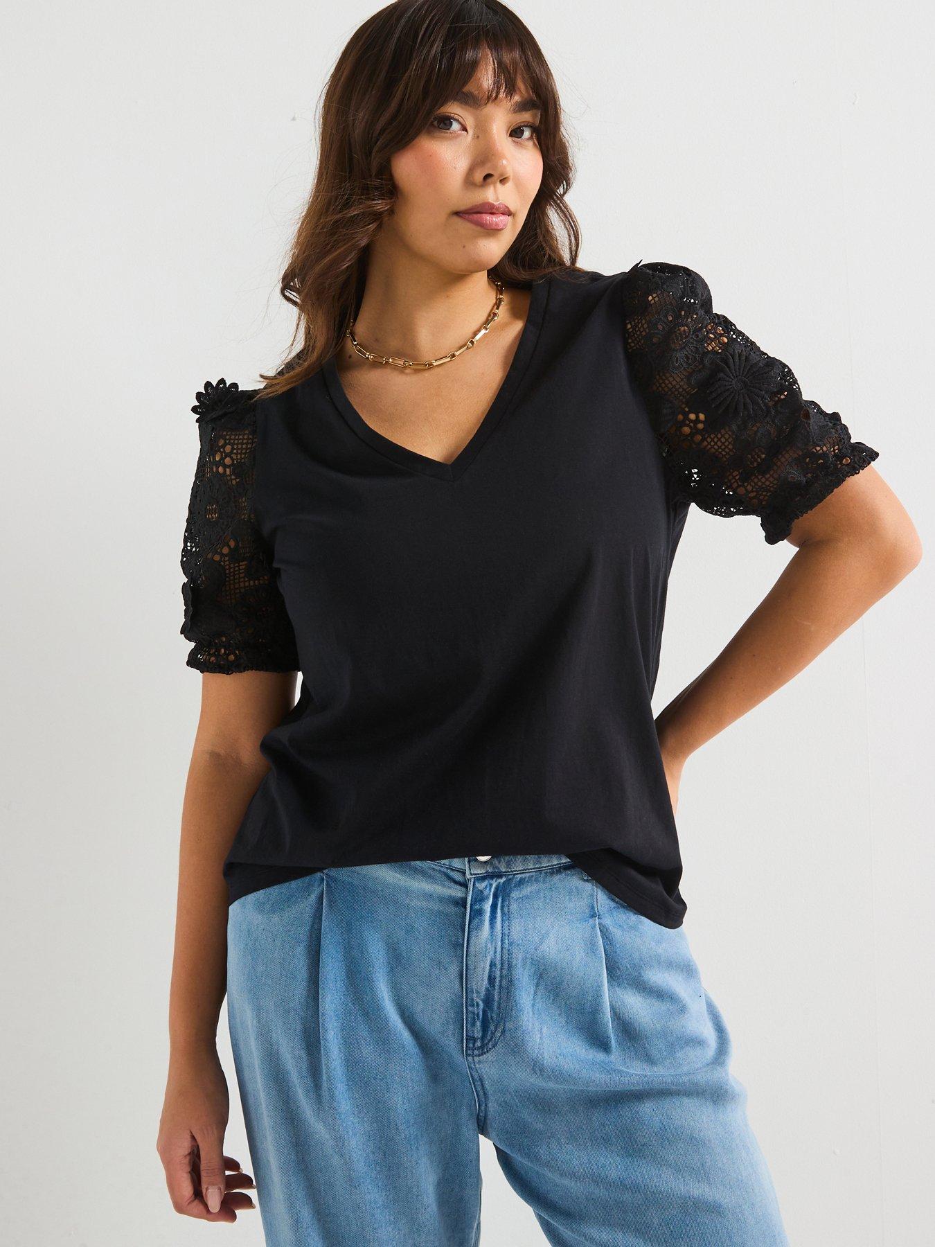 Image 1 of 6 of V by Very Curve Applique Floral Neck T-Shirt - Black