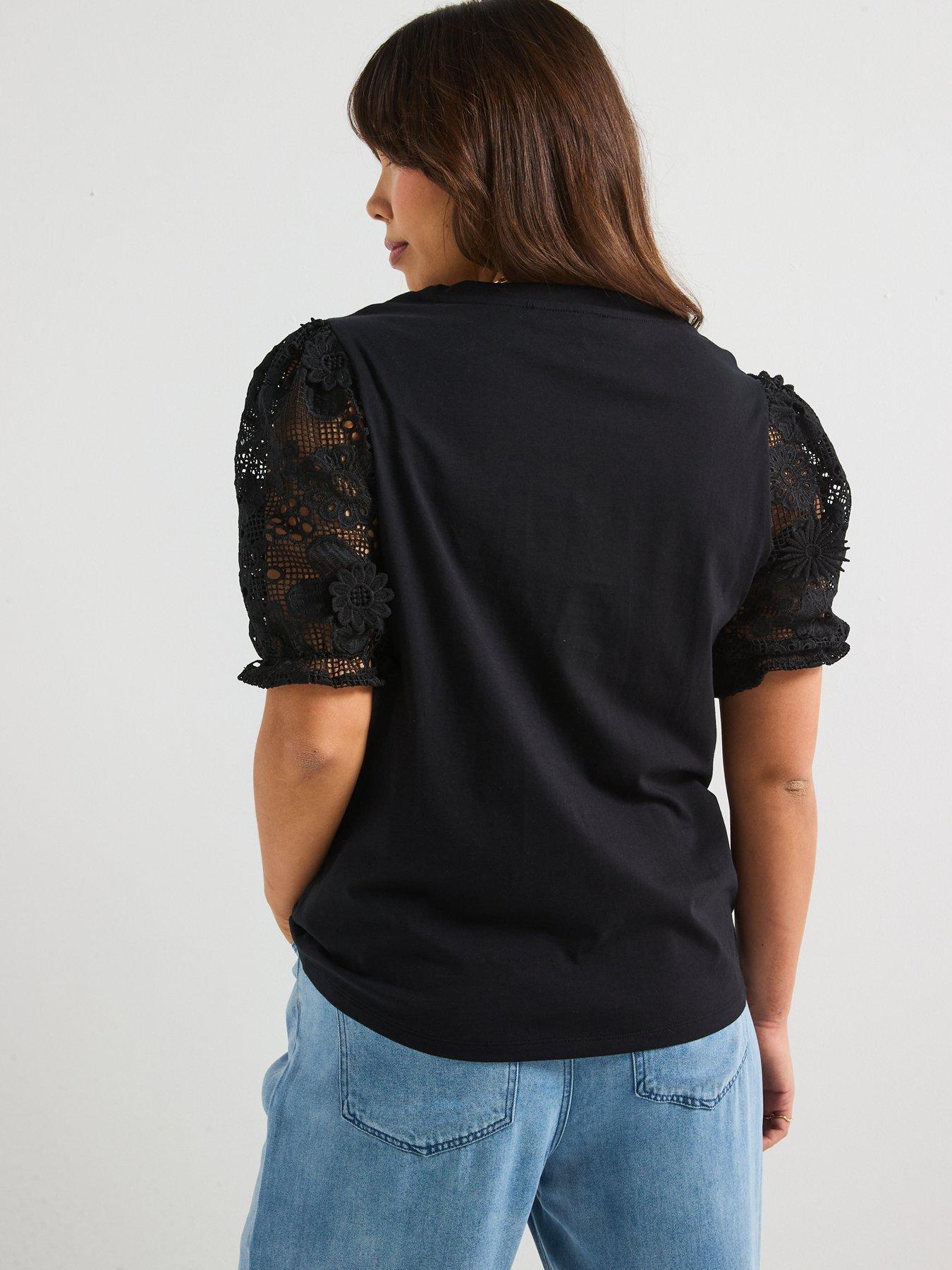 Image 2 of 6 of V by Very Curve Applique Floral Neck T-Shirt - Black