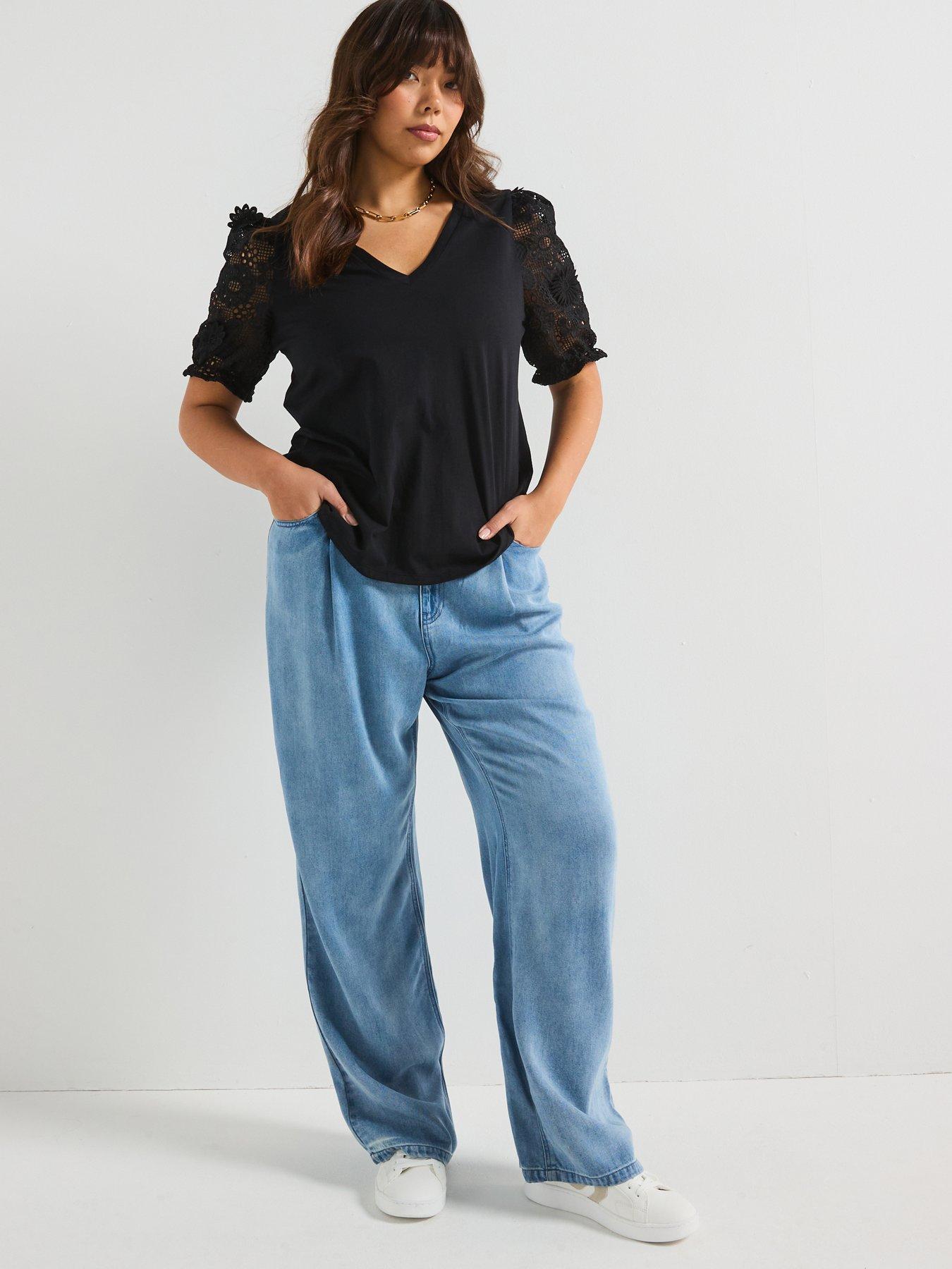 Image 3 of 6 of V by Very Curve Applique Floral Neck T-Shirt - Black