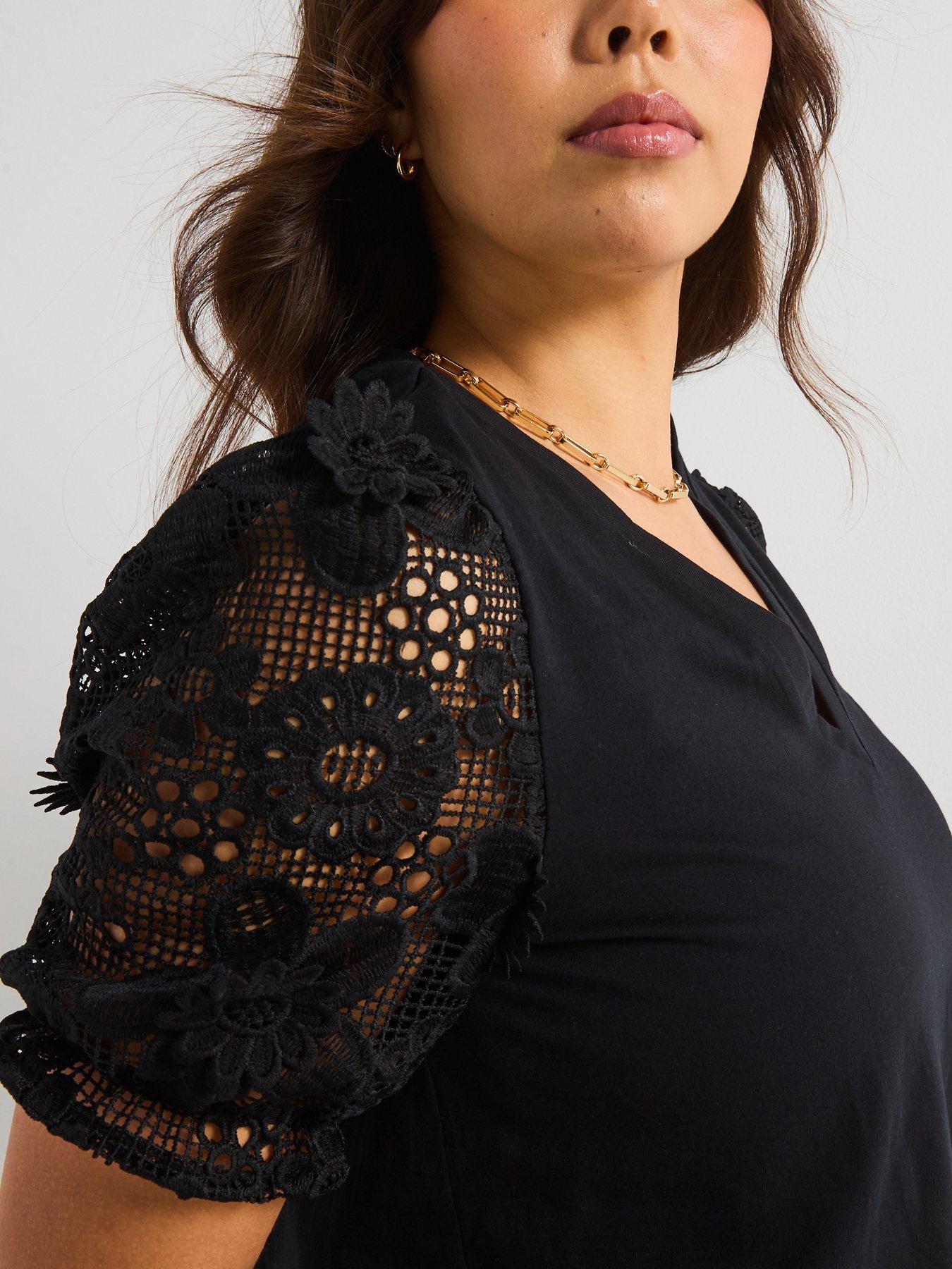 Image 5 of 6 of V by Very Curve Applique Floral Neck T-Shirt - Black
