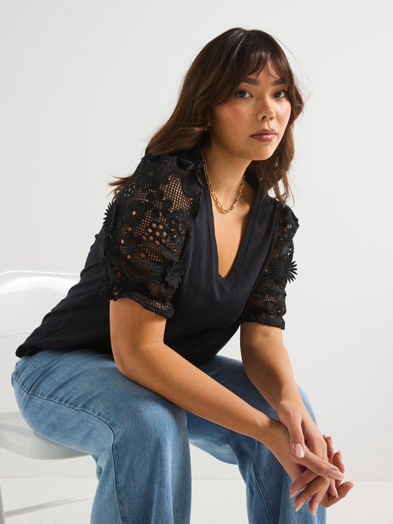 Image 6 of 6 of V by Very Curve Applique Floral Neck T-Shirt - Black