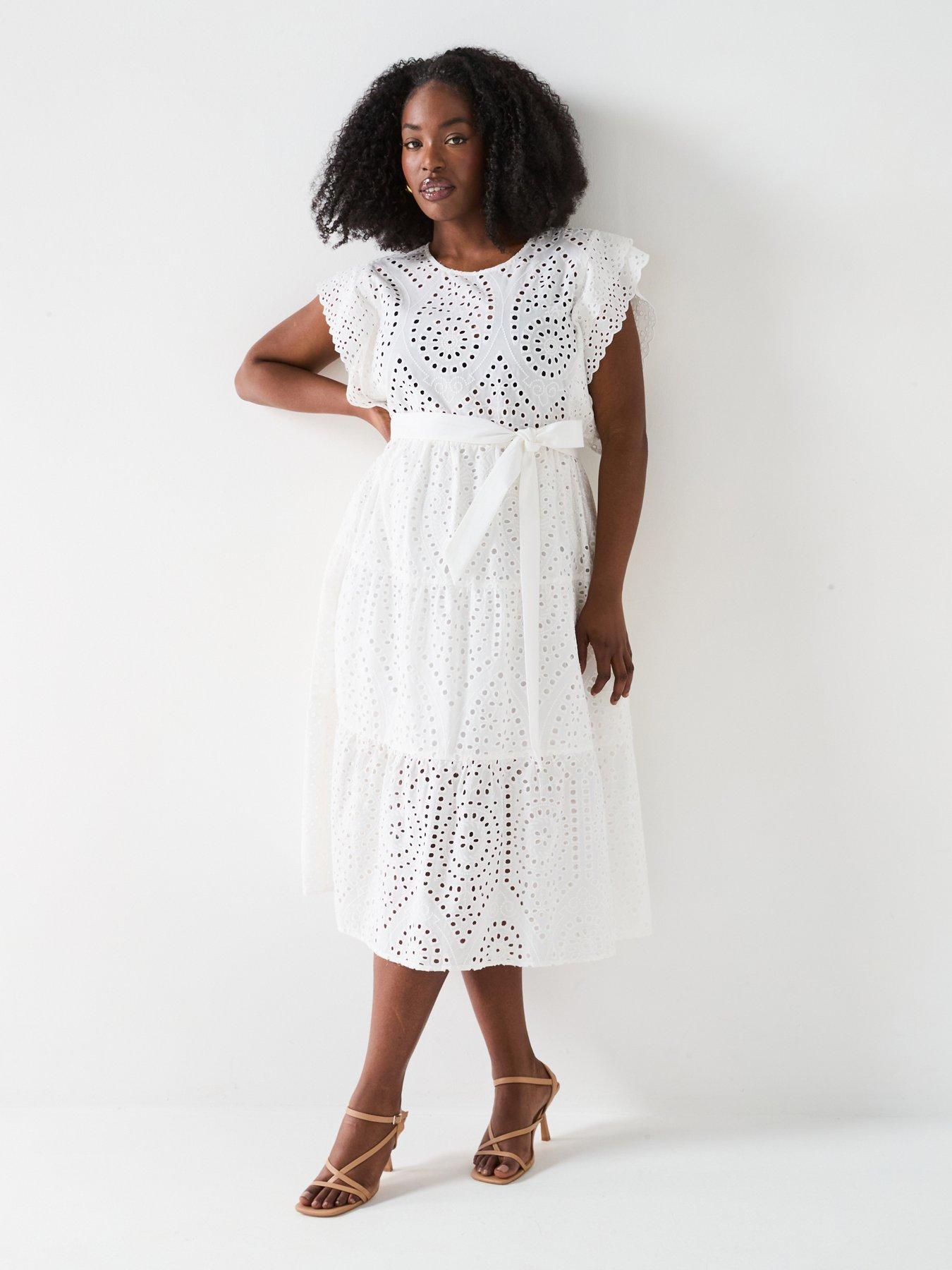undefined Broderie Tie Waist Midi Dress