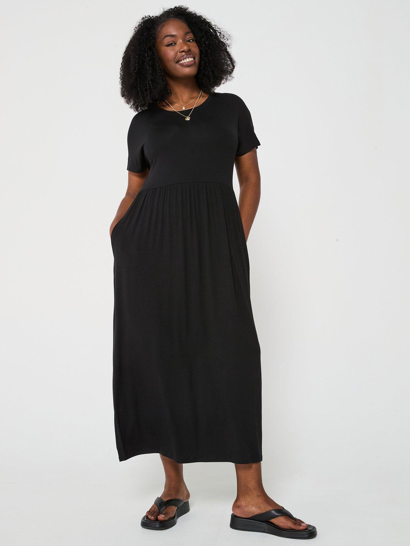 undefined Short Sleeve Stretch Midaxi Dress - Black