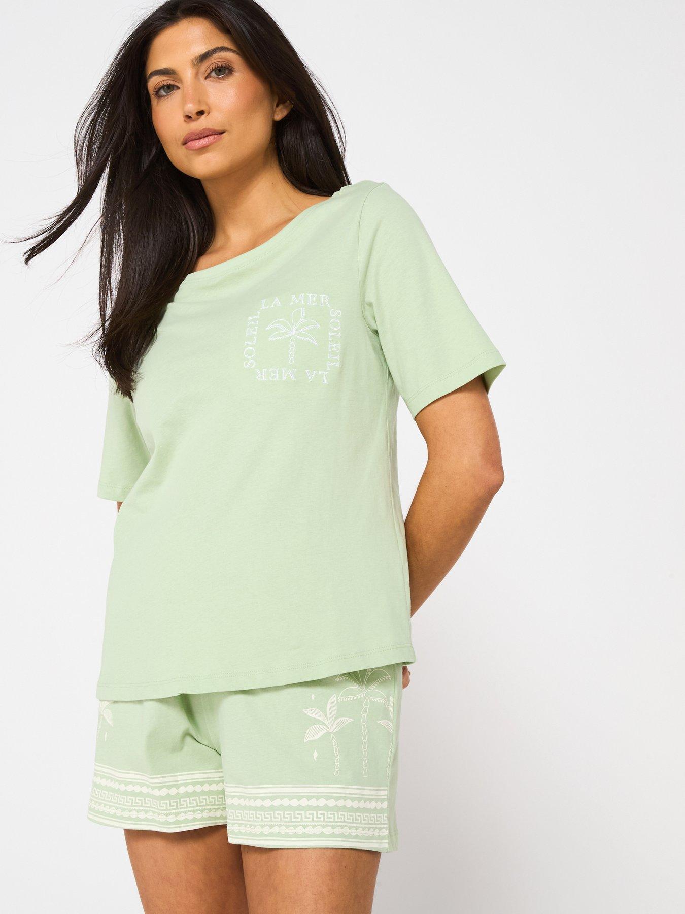 undefined Short Sleeve Palm Short Pyjama Set - Sage Green