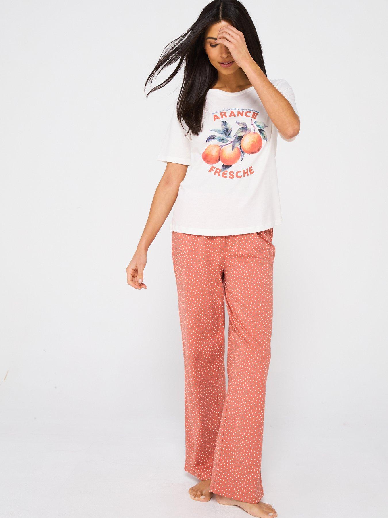 undefined Short Sleeve Orange Print Wide Leg Pyjama Set - Tan